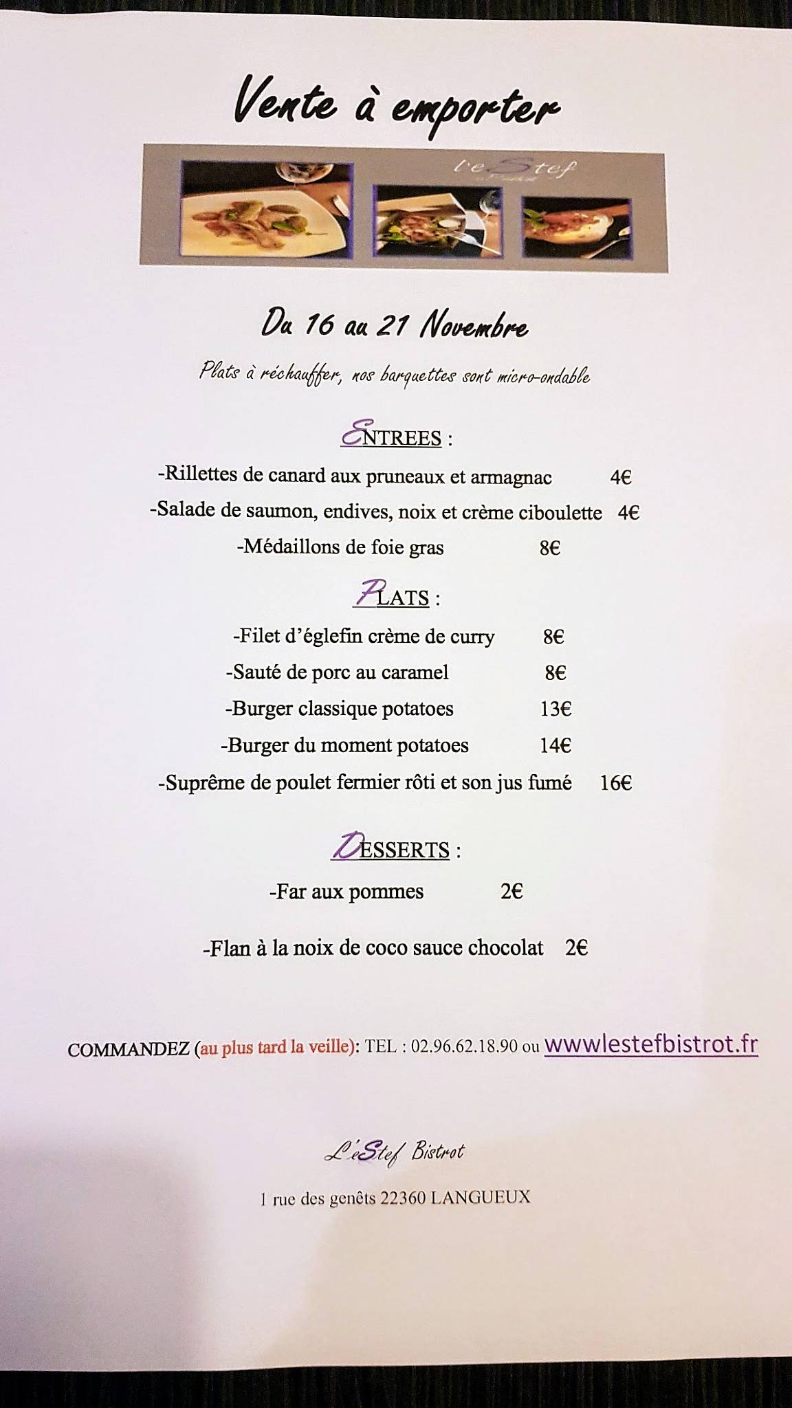 Menu de L'estef Bistrot