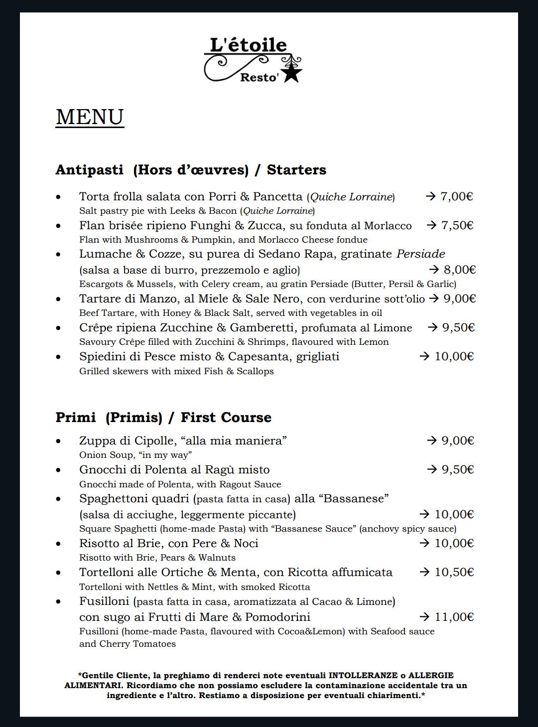 Menu di L'étoile Restò 