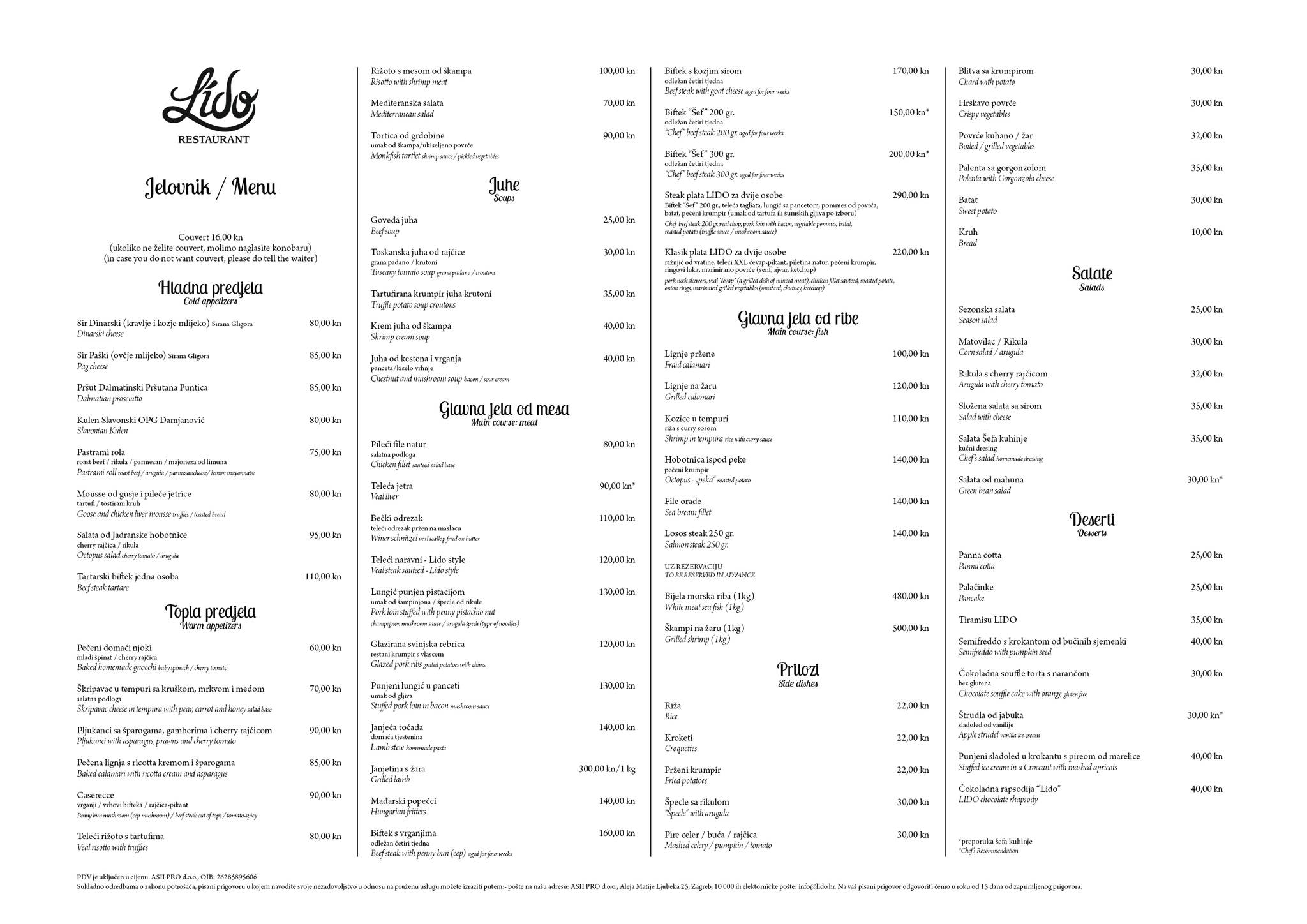Menu di Lido event & wedding destination - sala za vjenčanja Zagreb 