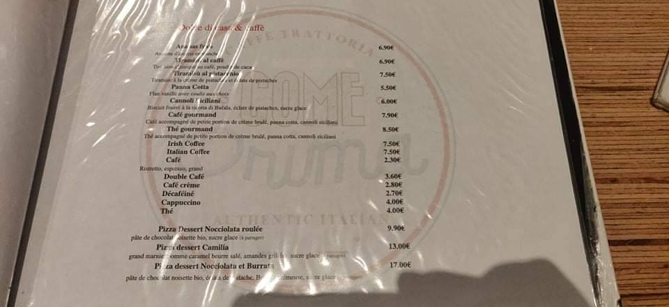 Menu de Come Prima Lille