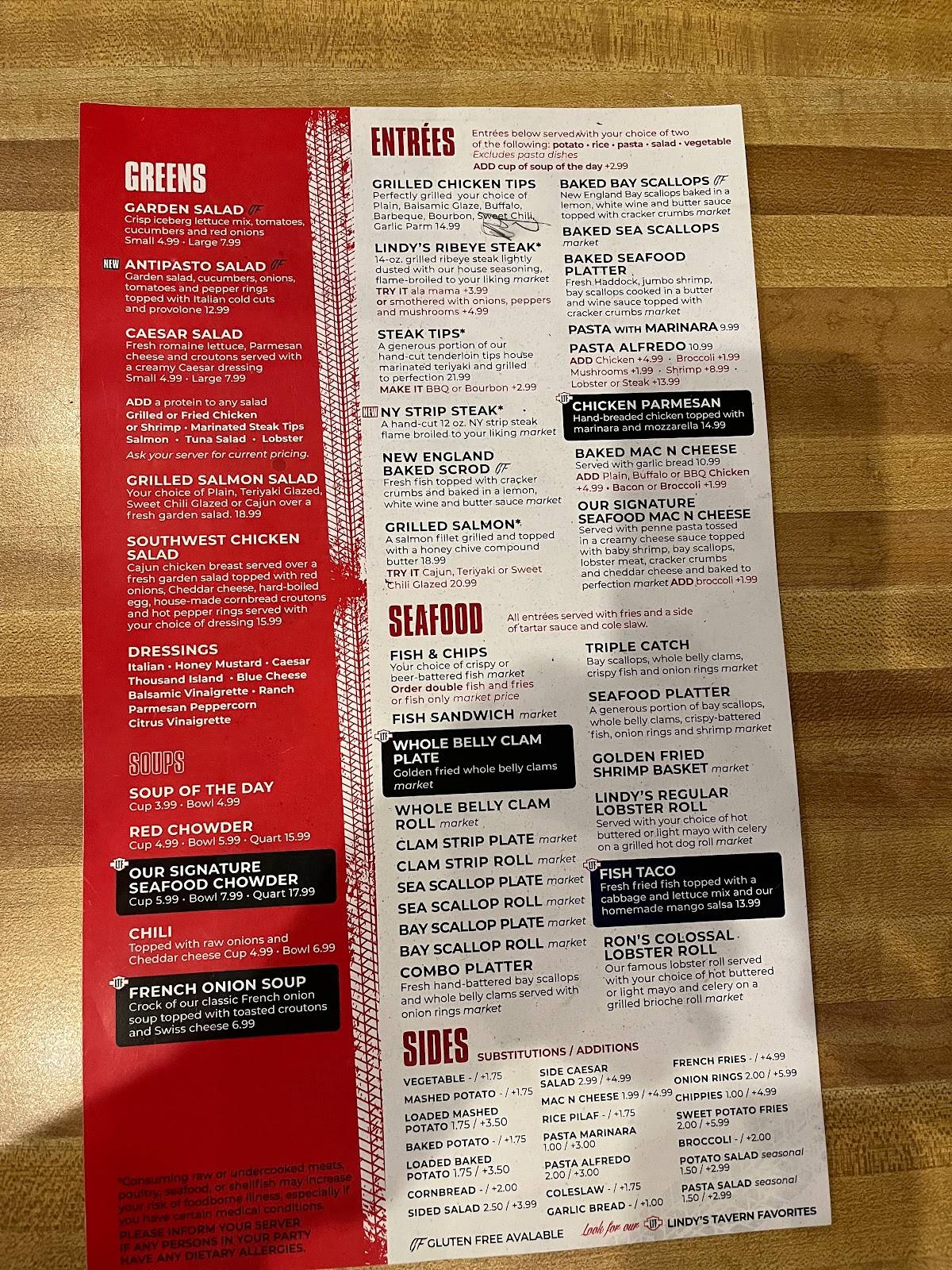 Menu at Lindy's Tavern pub & bar, North Smithfield