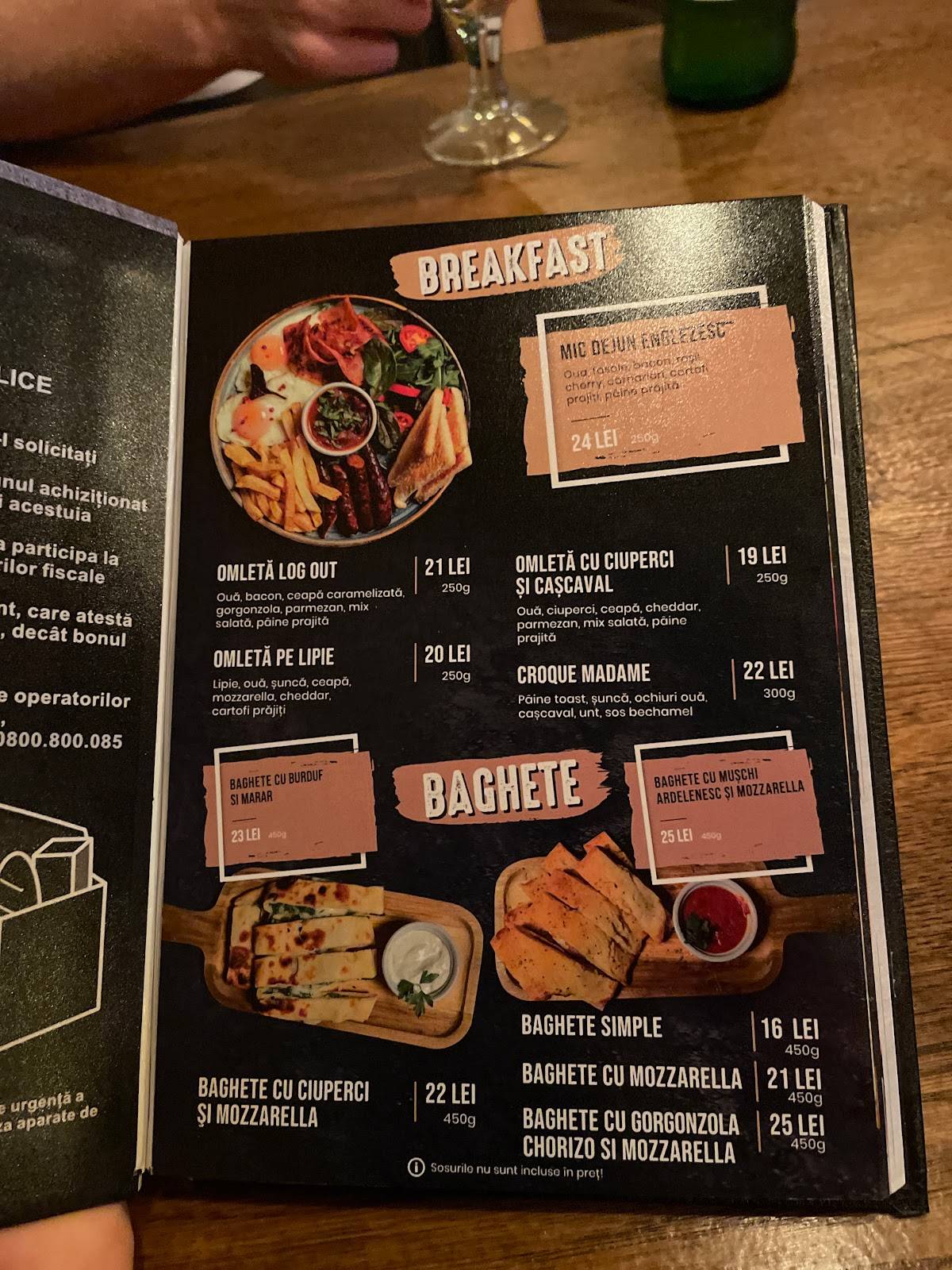 Menu at Log Out, Baia Mare, Str Vasile Lucaciu nr. 1