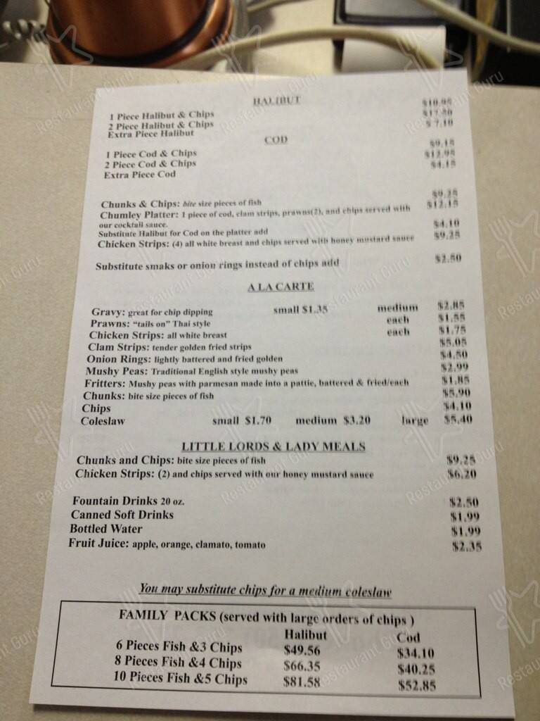 Menu at Lord Chumley's Fish & Chips restaurant, Kelowna, Harvey Ave