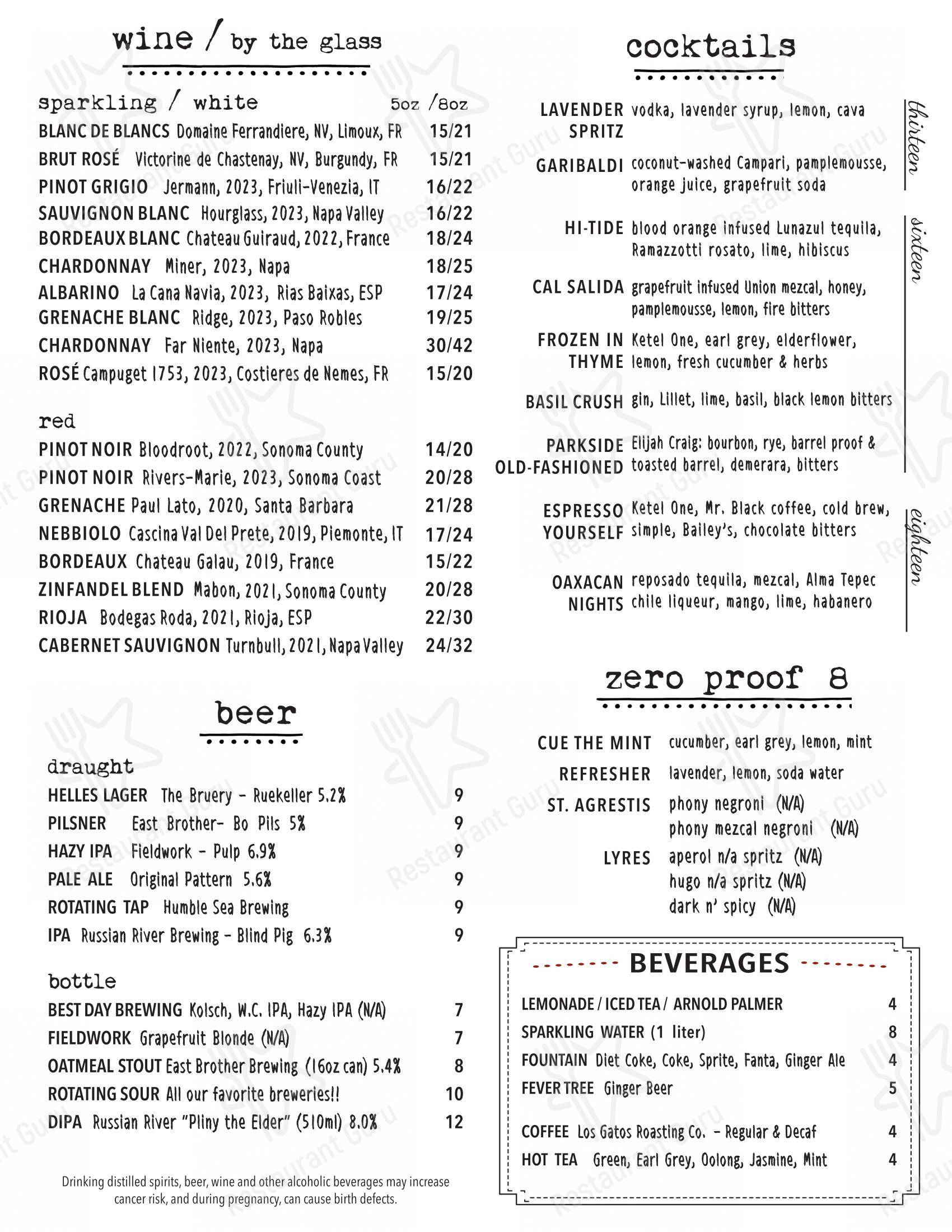 Menu at los gatos parkside pub bar los gatos