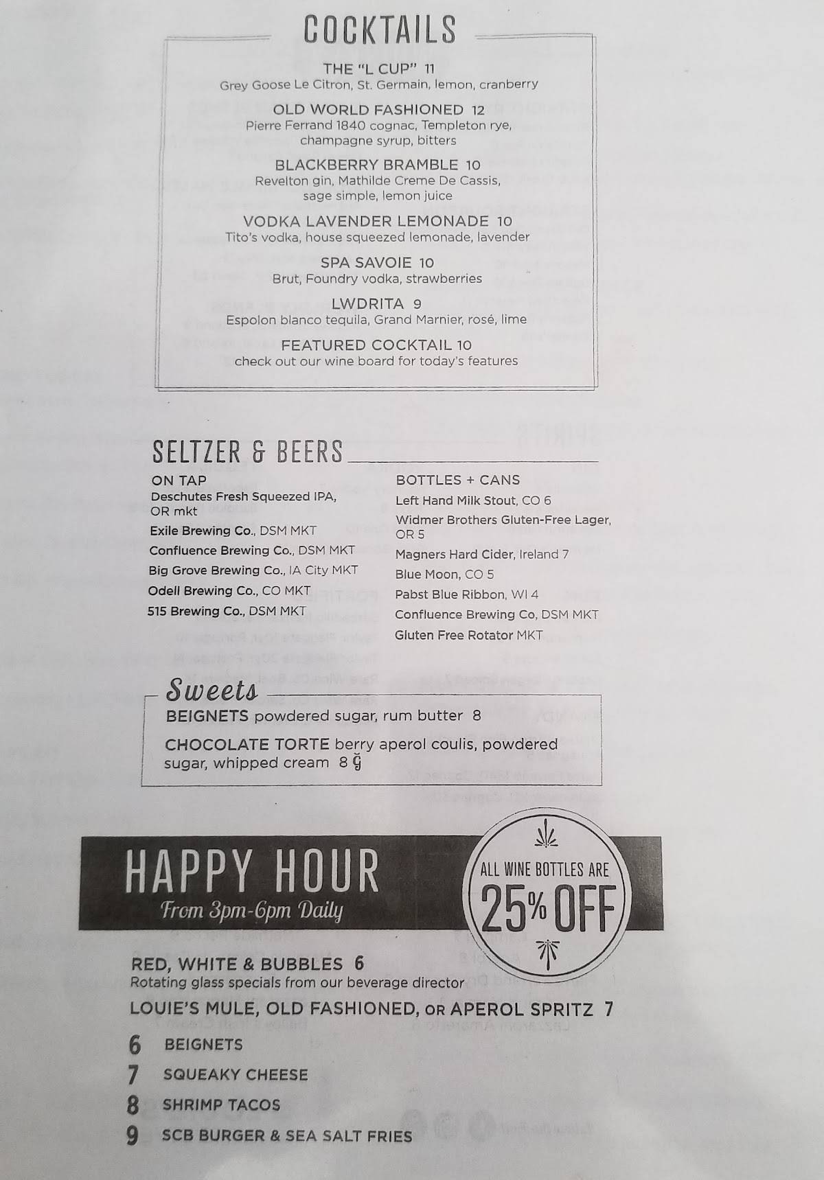 Menu at Louie's Wine Dive pub & bar, Des Moines