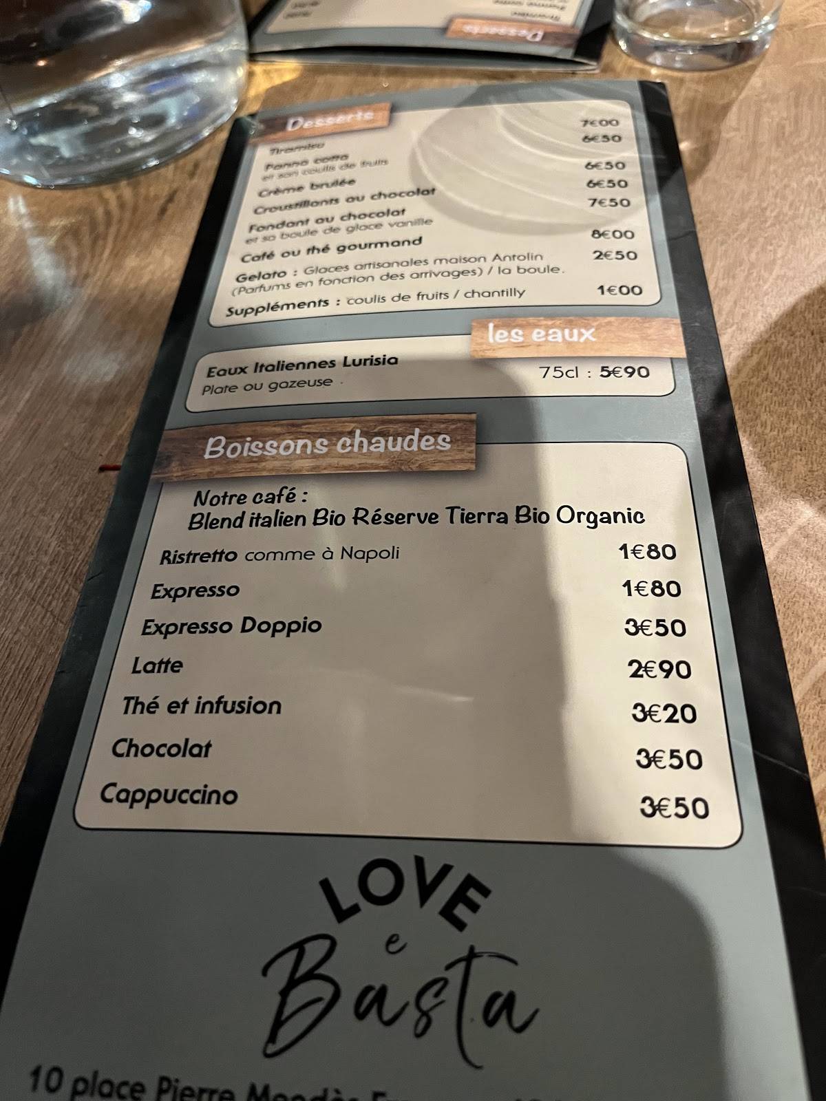 Menu au Love e Basta restaurant, Angers