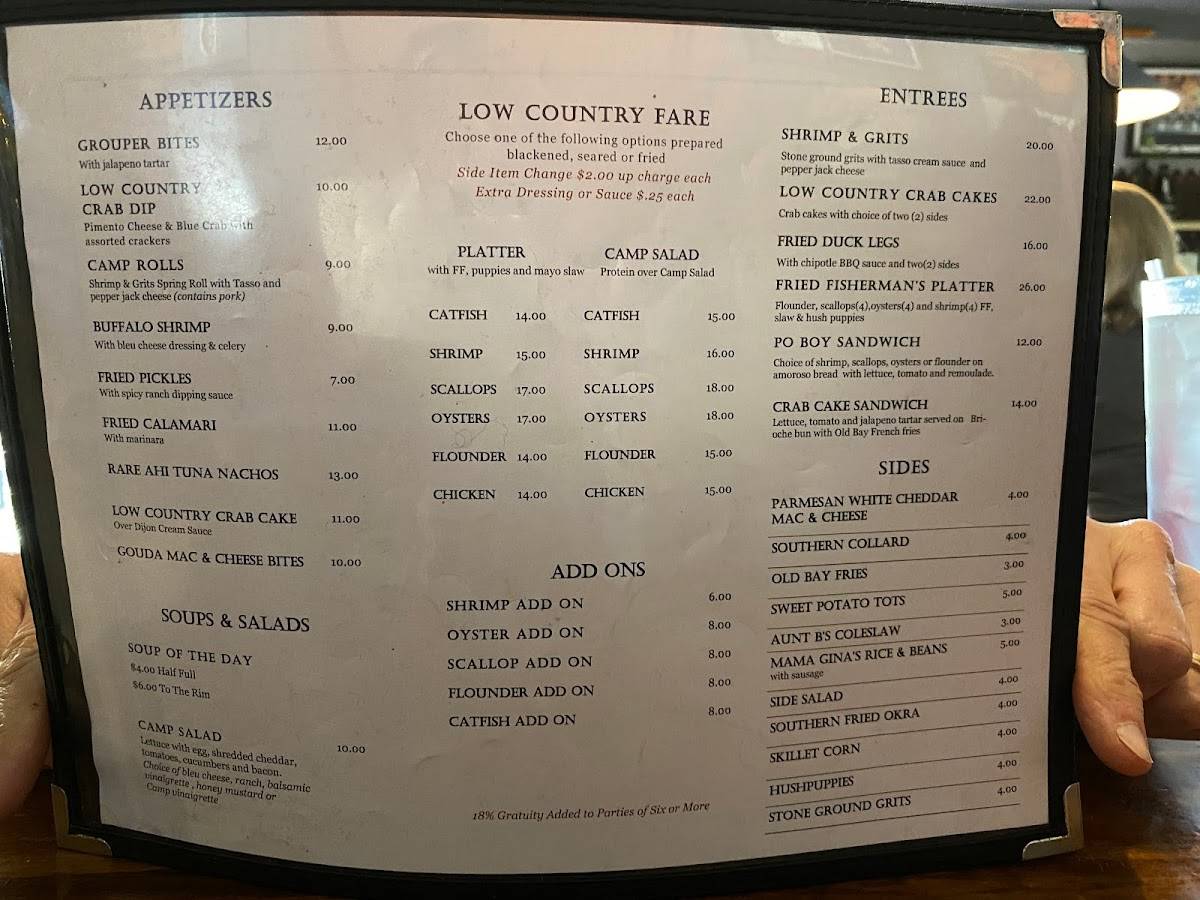 Menu at Low Country Fish Camp restaurant, Summerville