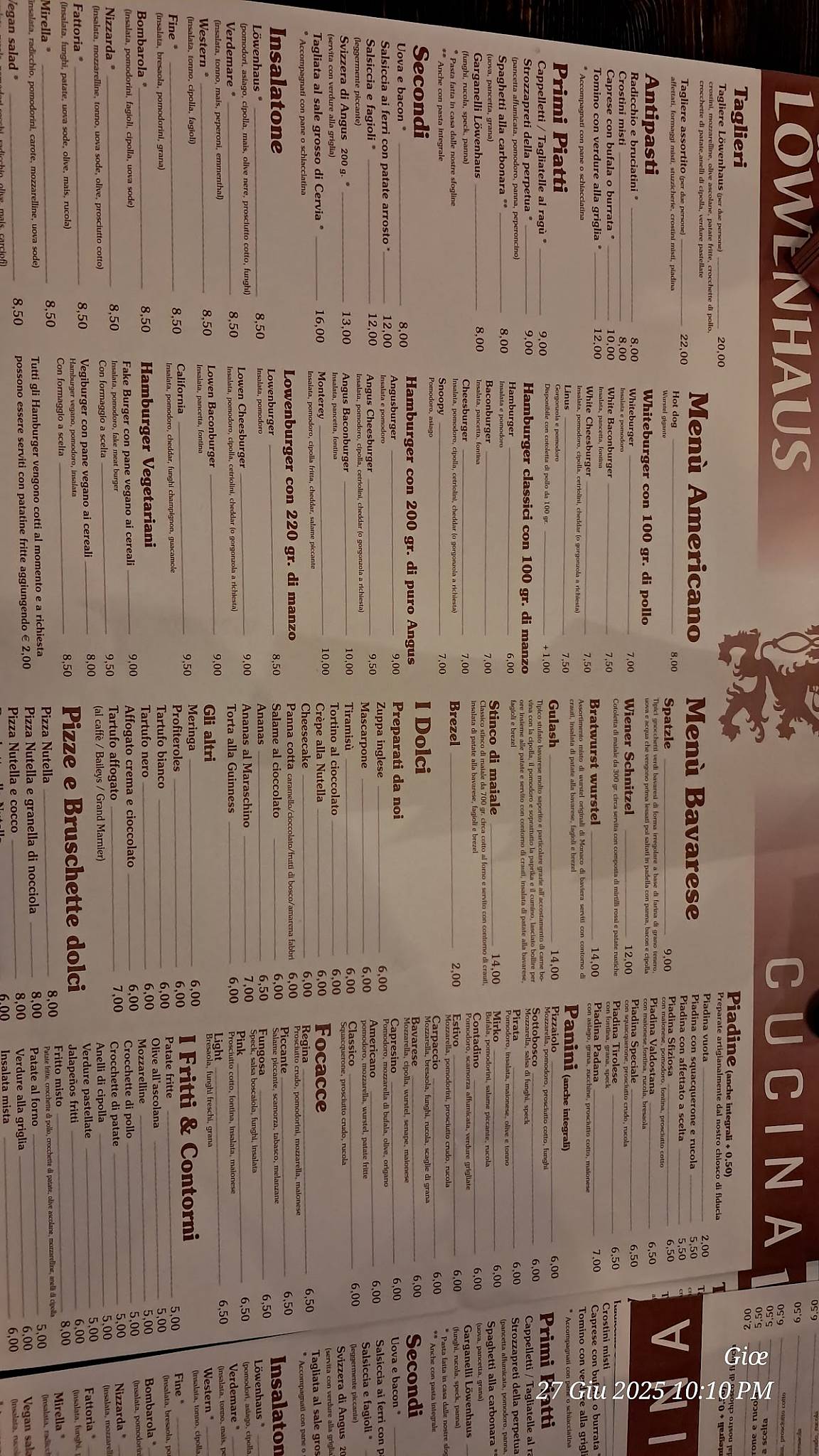 Menu di Birreria Lowenhaus 