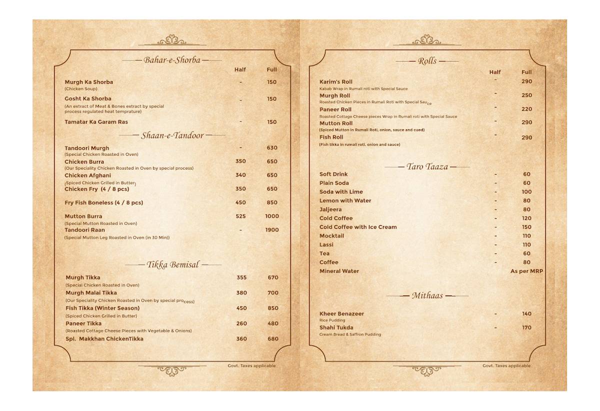Karim’s Lucknow Lalbagh menu