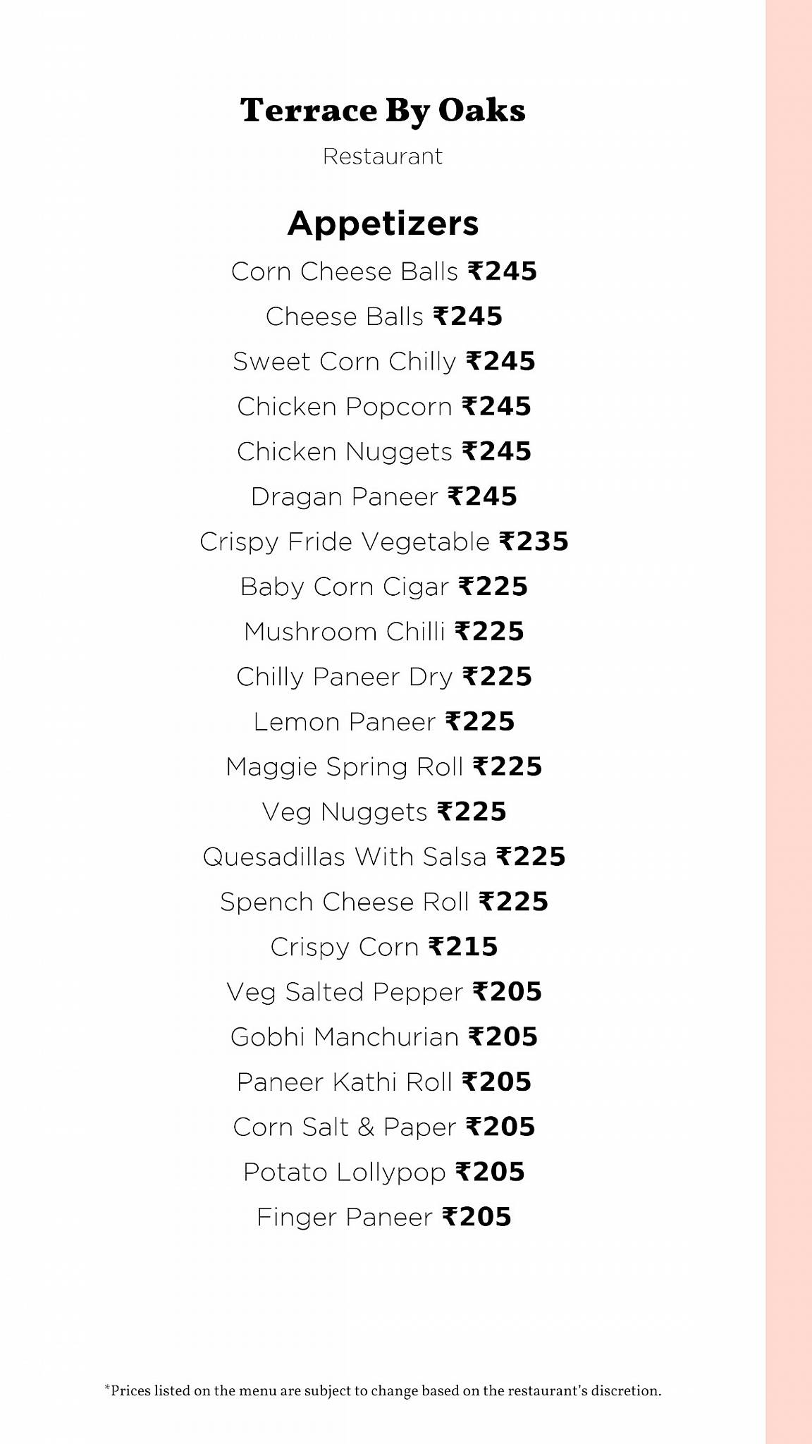 Terrace By Oaks menu