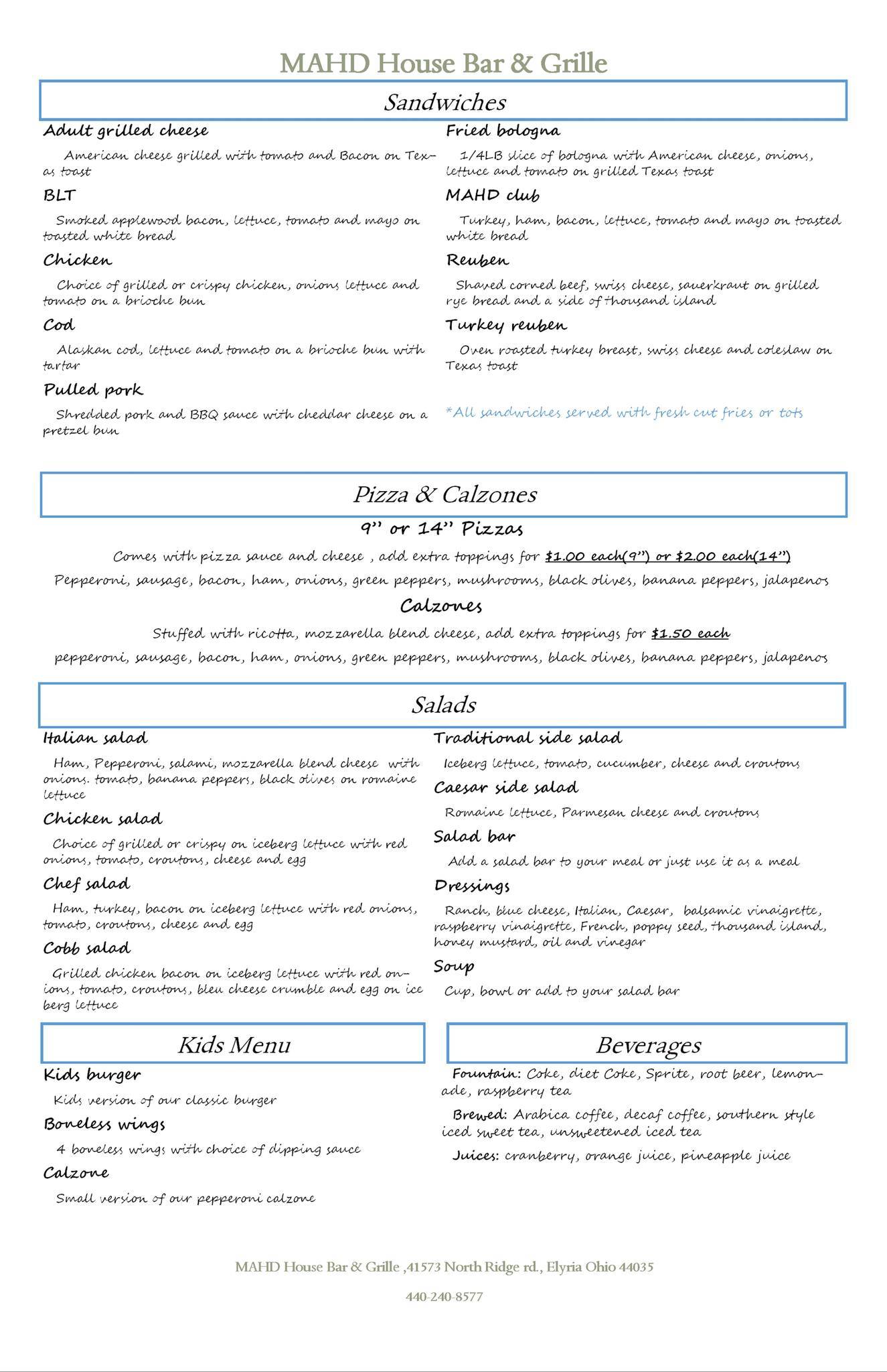 Menu at MAHD House Bar & Grille Elyria, OH, Elyria