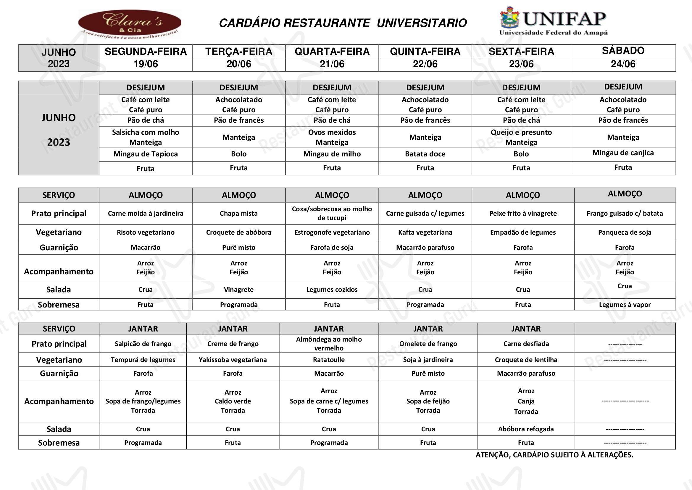 Menu All Day para Restaurante Universitário - UNIFAP em Macapá