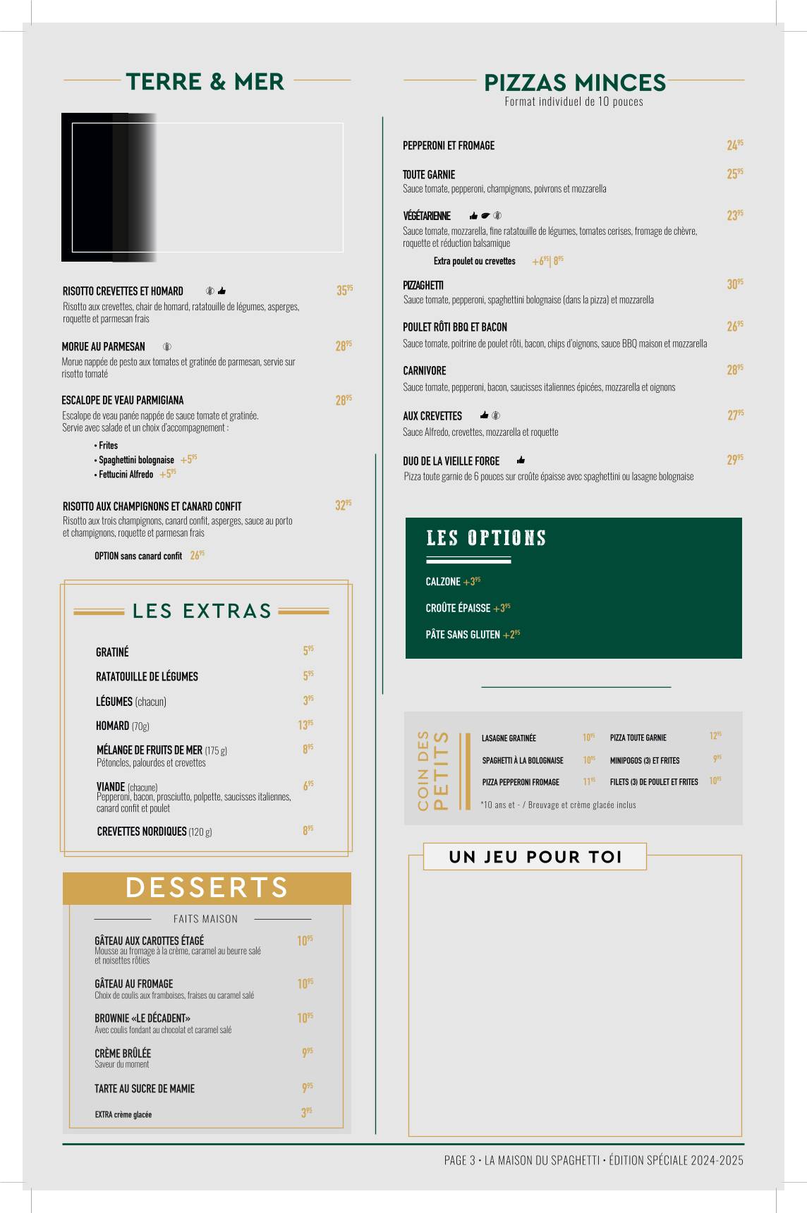 Menu de Maison du Spaghetti Rimouski