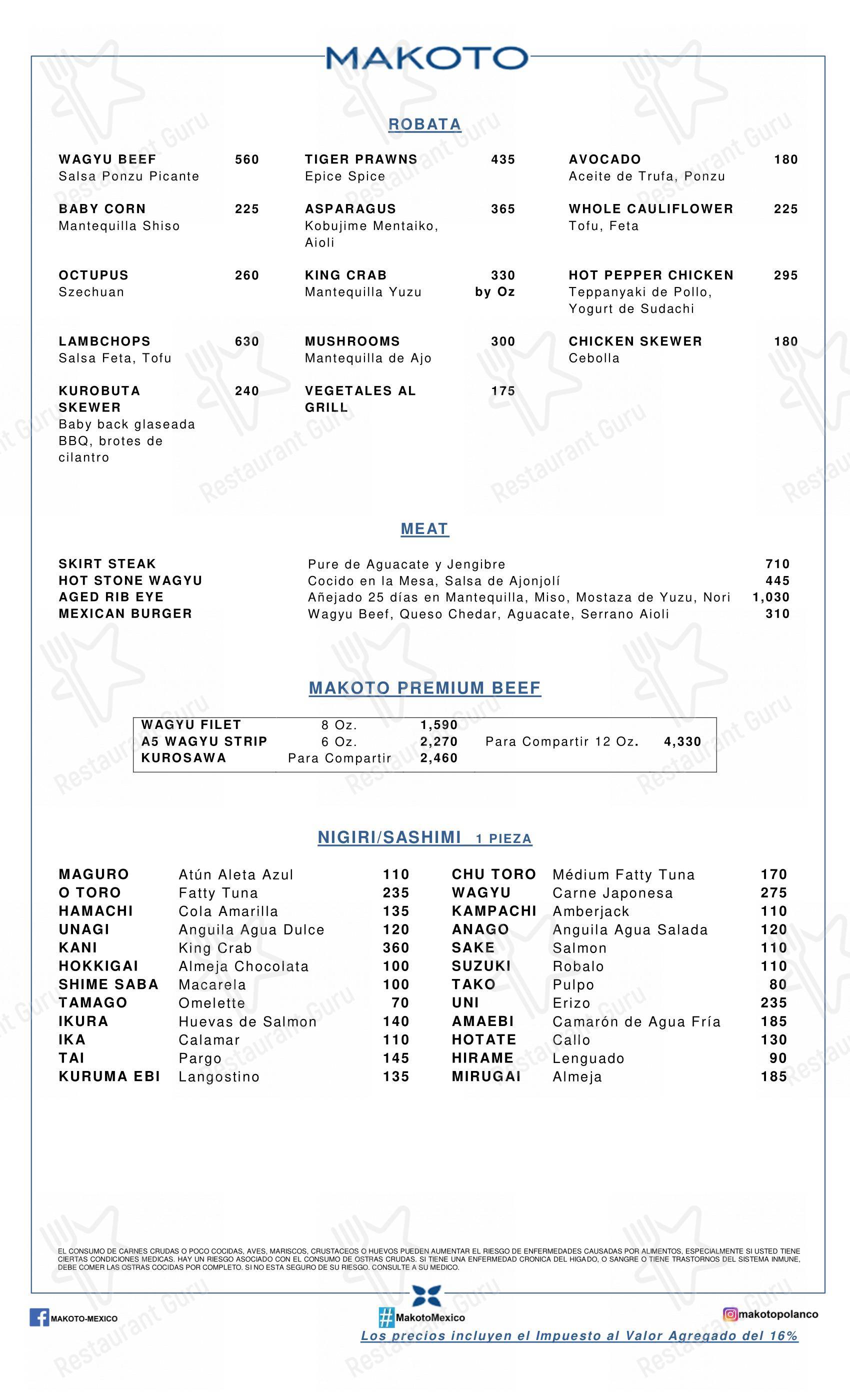 Carta del restaurante Makoto, Ciudad López Mateos