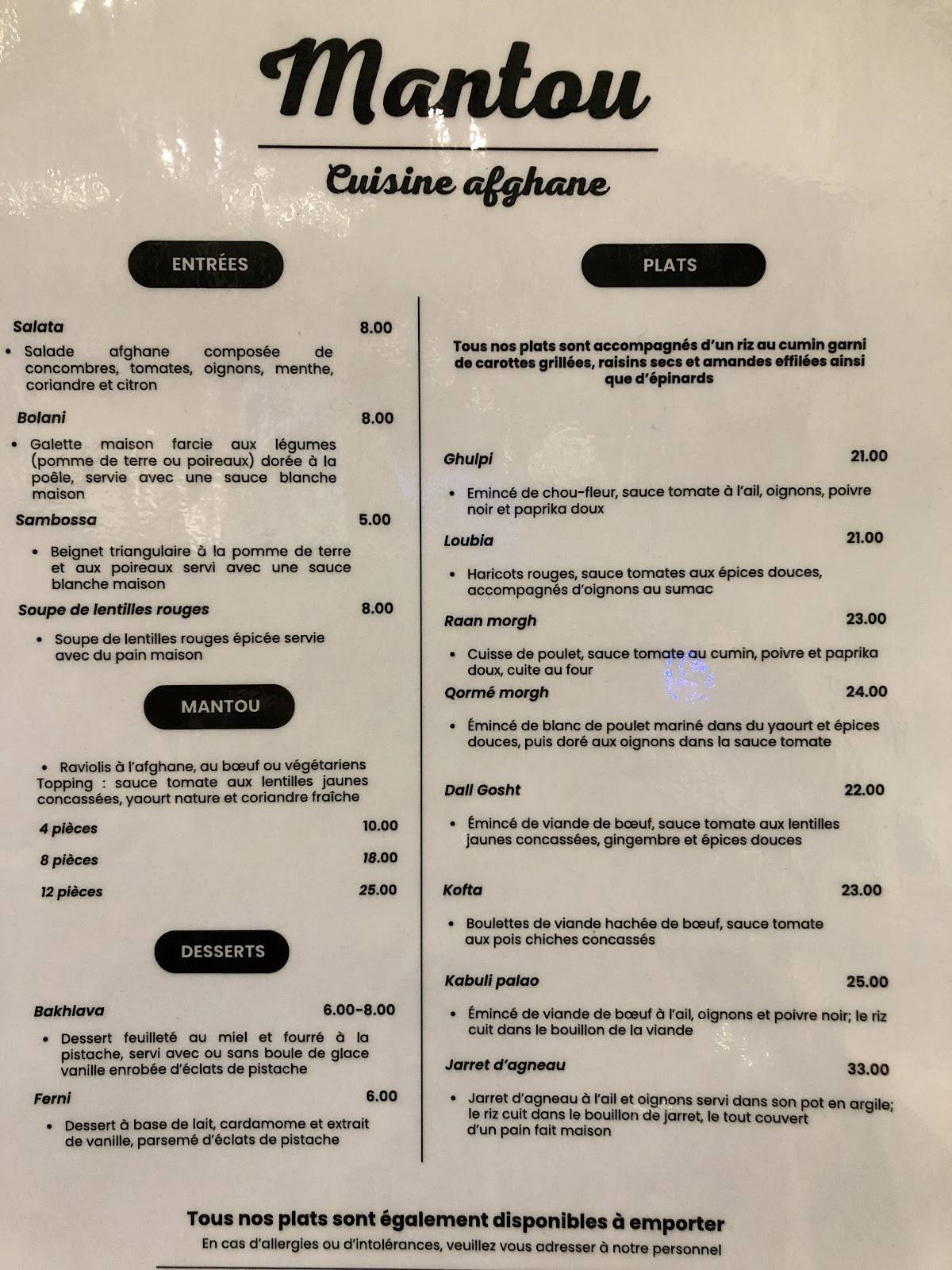 Menu de Mantou spécialité afghane