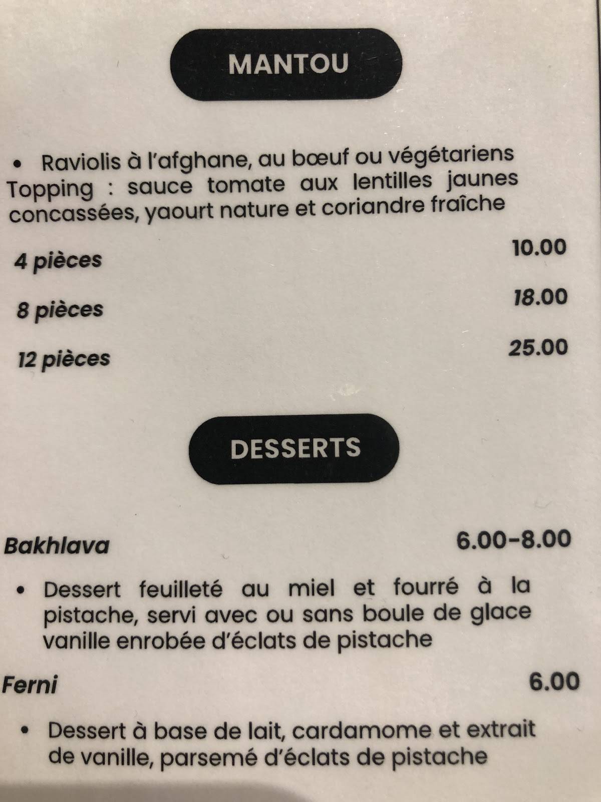 Menu de Mantou spécialité afghane