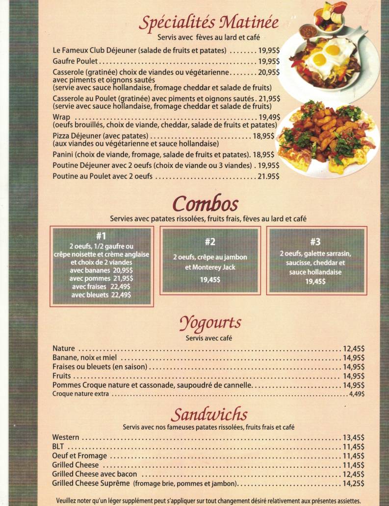 Menu de Matinée Déjeuner Dîner