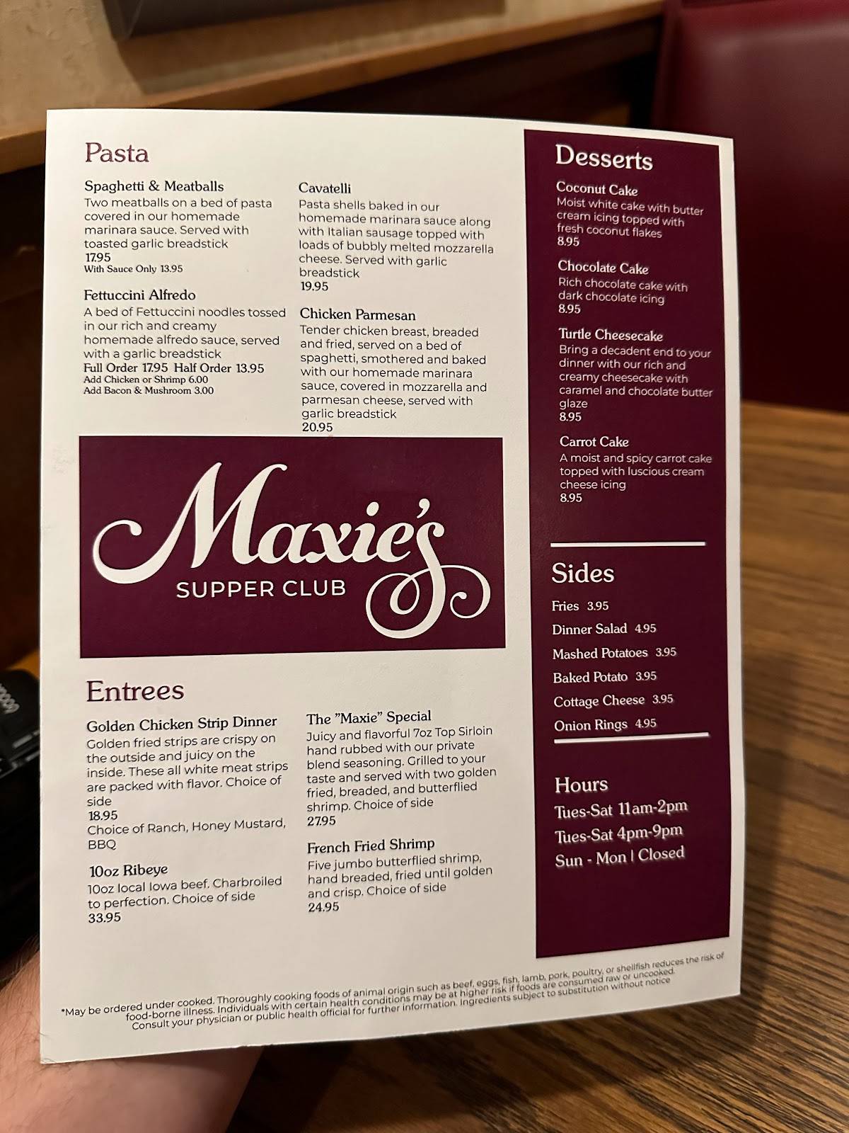 Menu at Maxie's Supper Club, West Des Moines