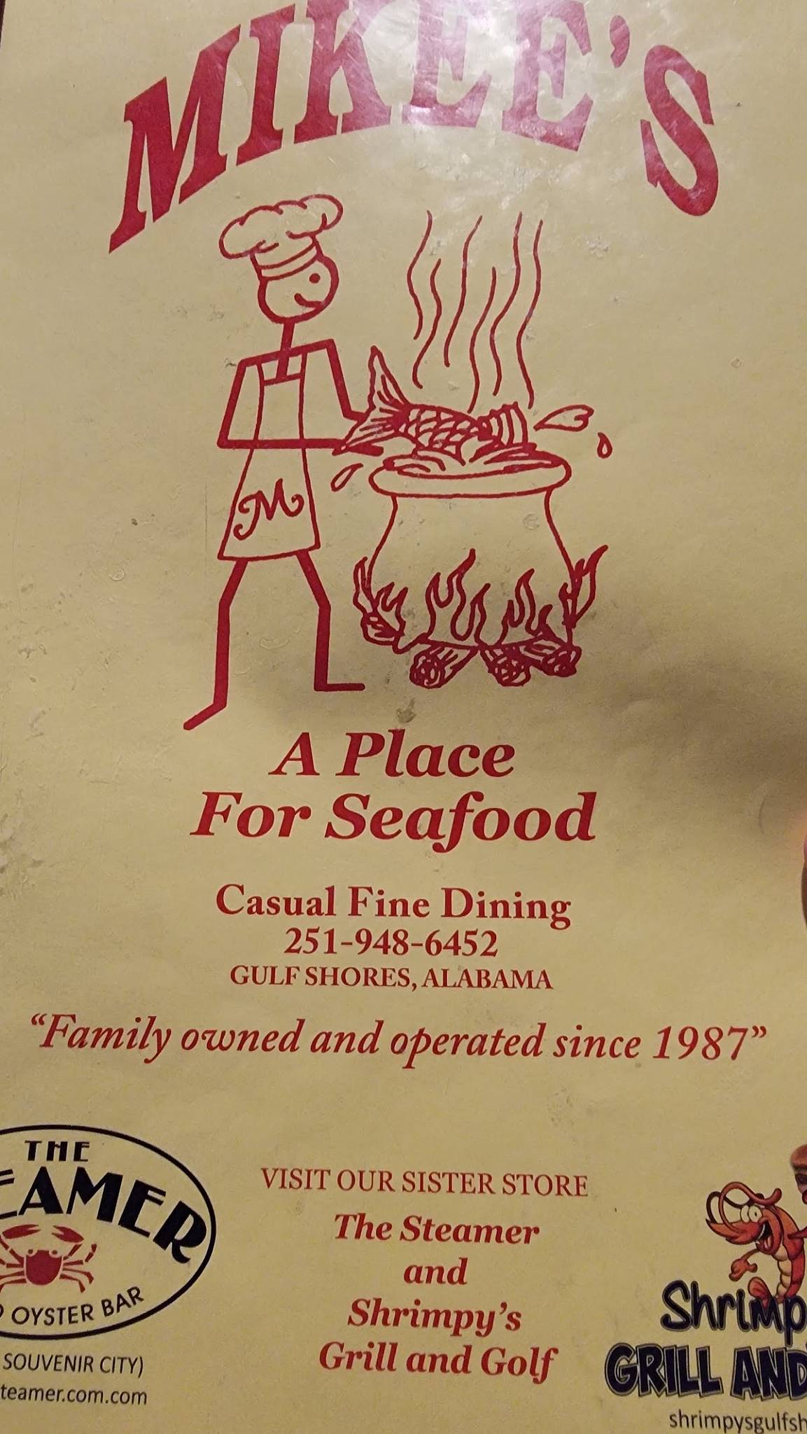 Menu at Mikee's Seafood restaurant, Gulf Shores