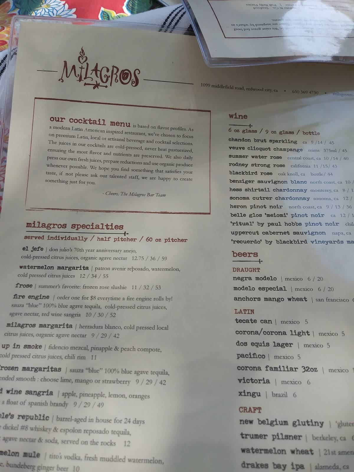 Menu at Milagros Latin Kitchen pub & bar, Redwood City