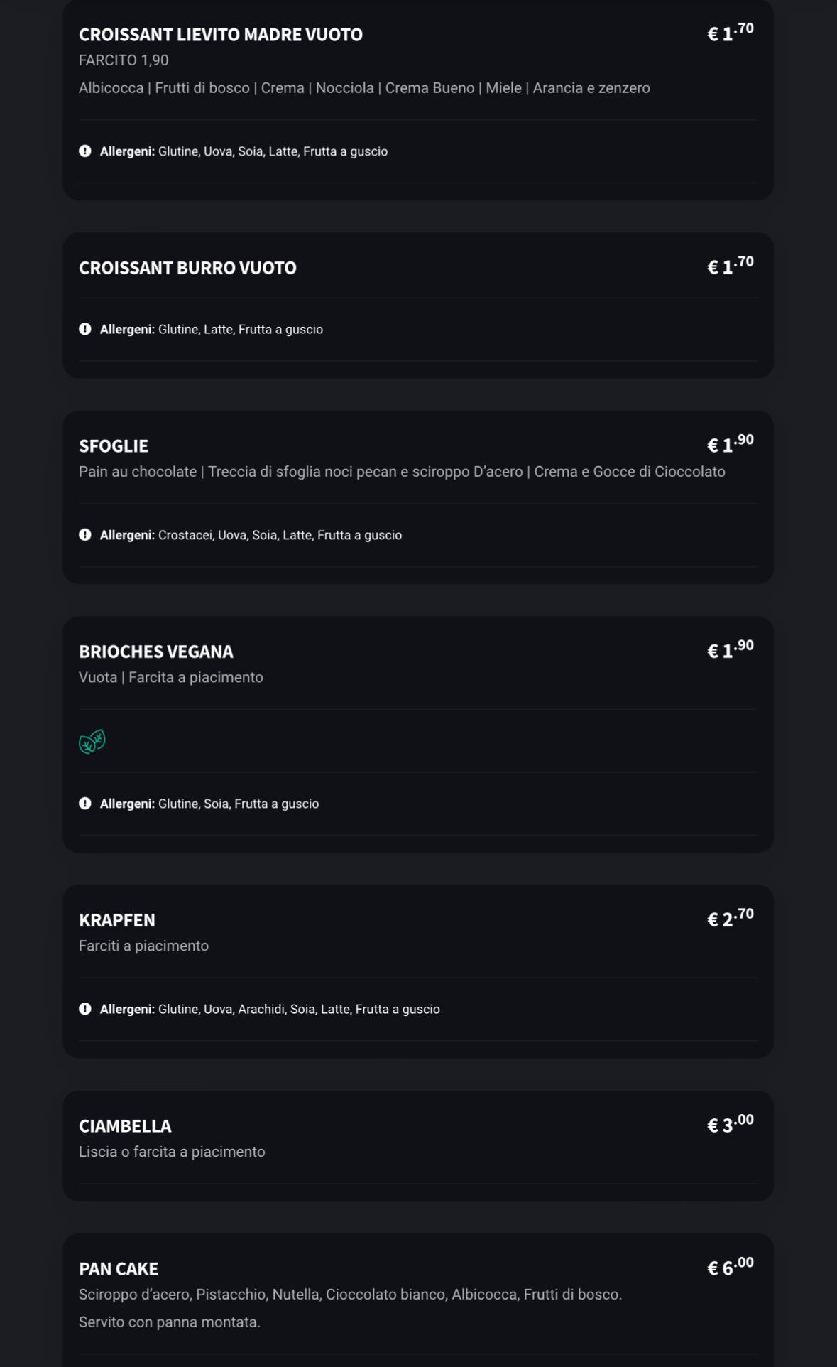 Menu di Caffetteria Rocca 