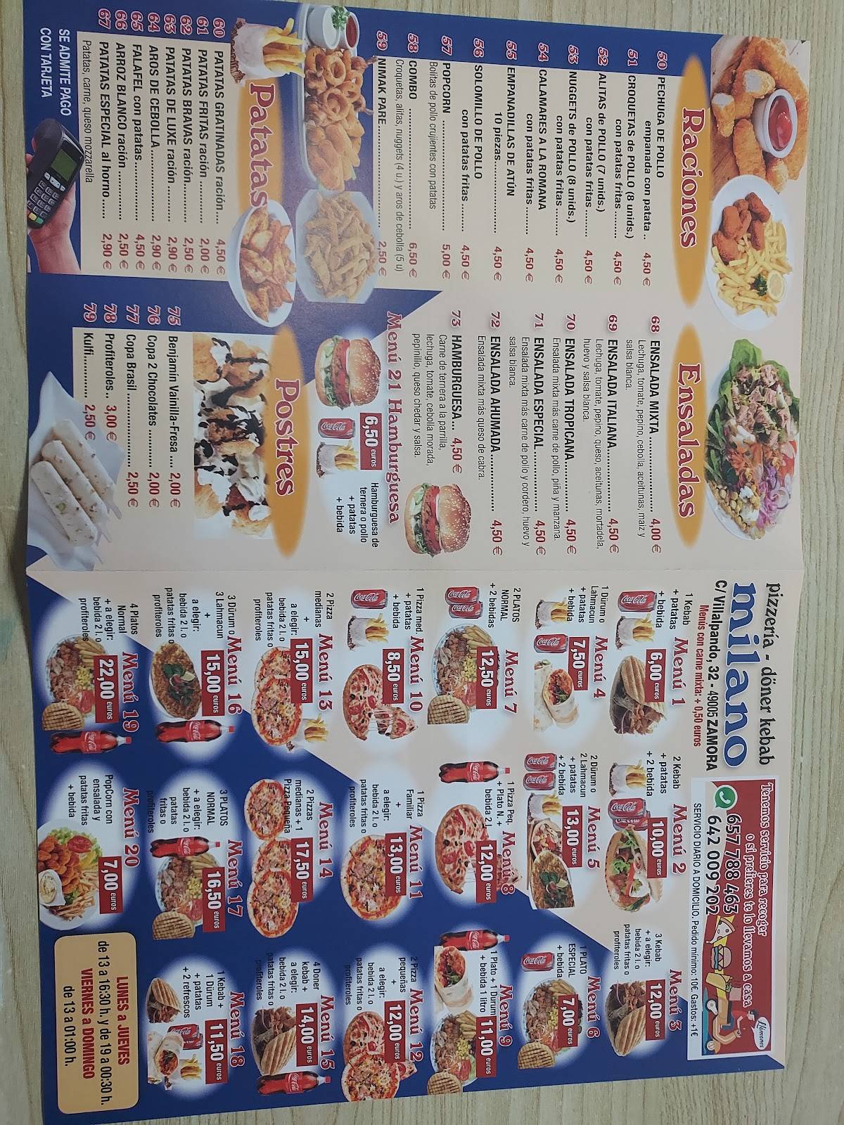 Carta de Milano pizzería Doner kebab, Zamora