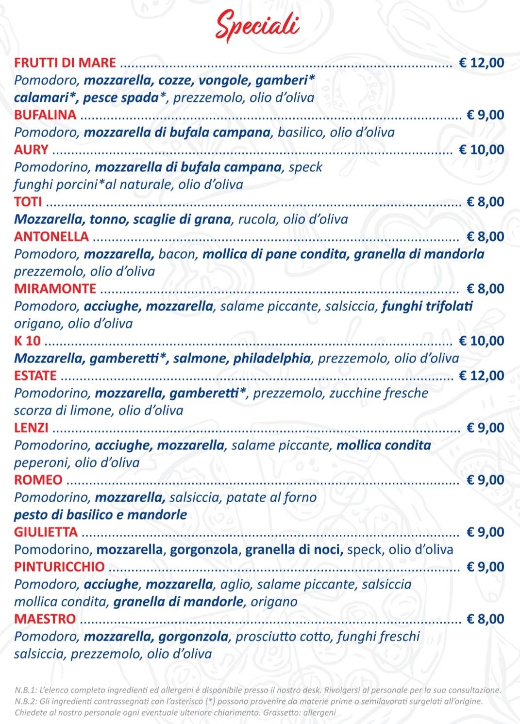 Menu di MiraMonte ristorante pizzeria