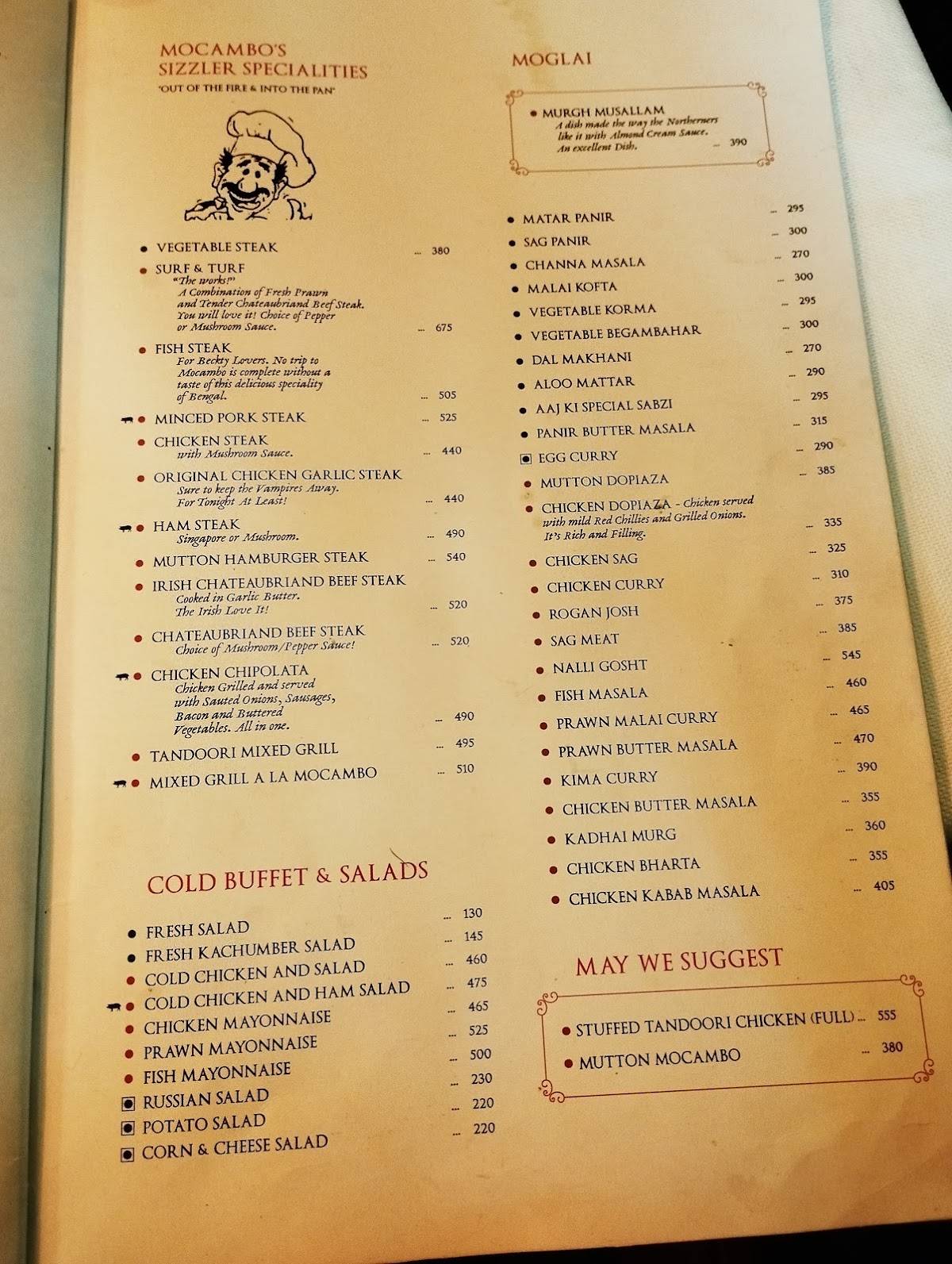 Mocambo Restaurant and Bar menu