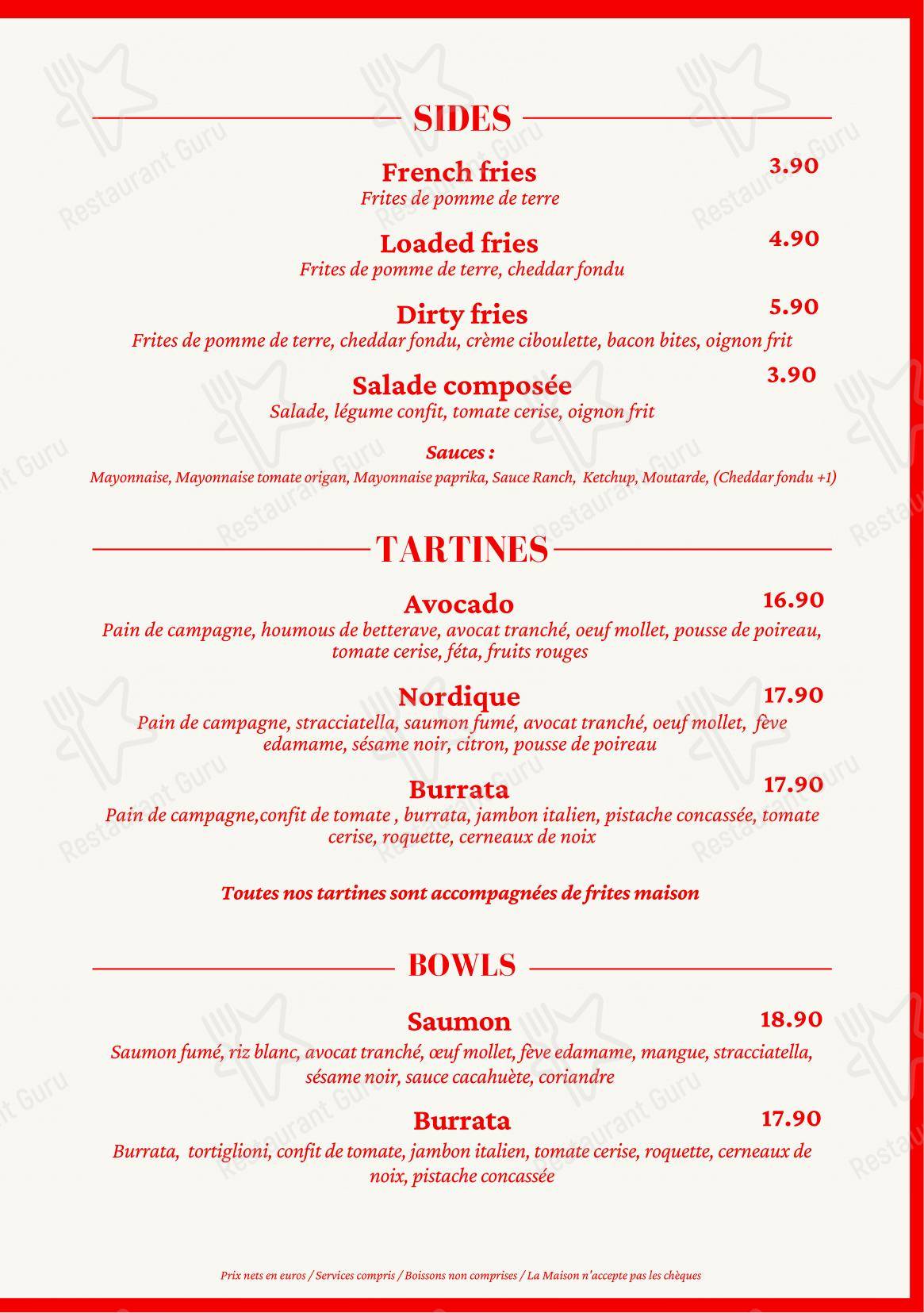 Menu pour Mon Amour restaurant