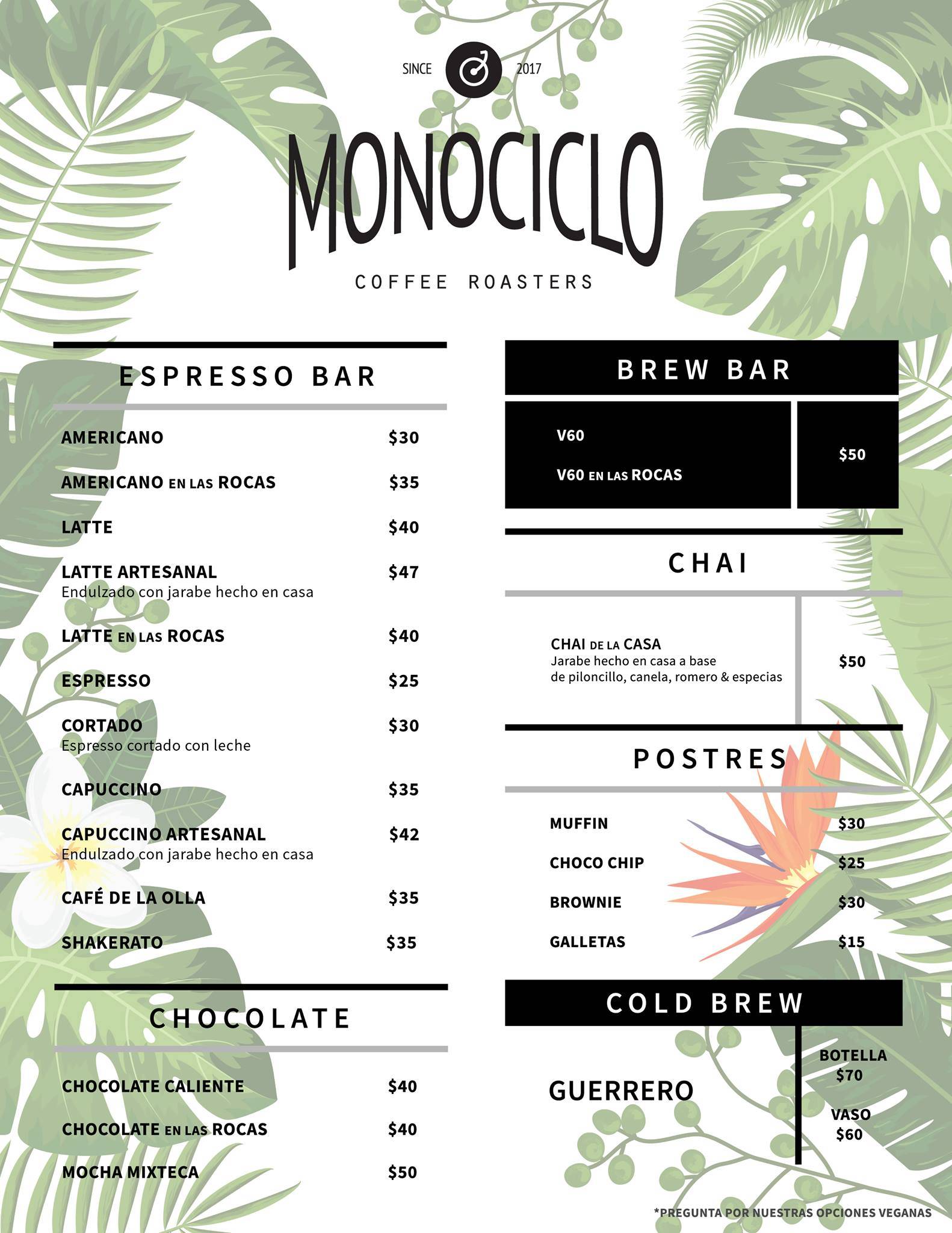 Carta de cafetería Monociclo Coffee Roasters Rosarito Blvd Popotla