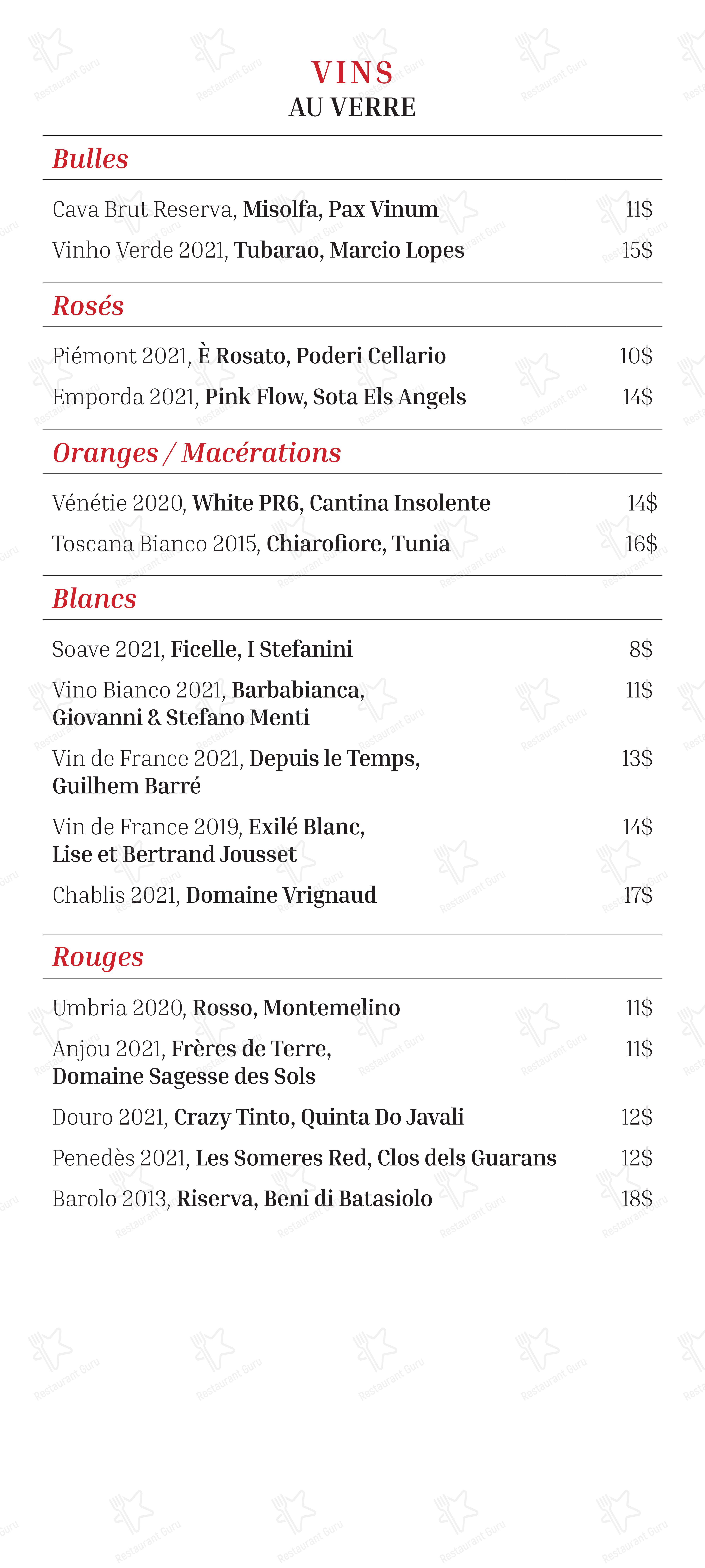 Le Bar Darling dans Montréal - Menu