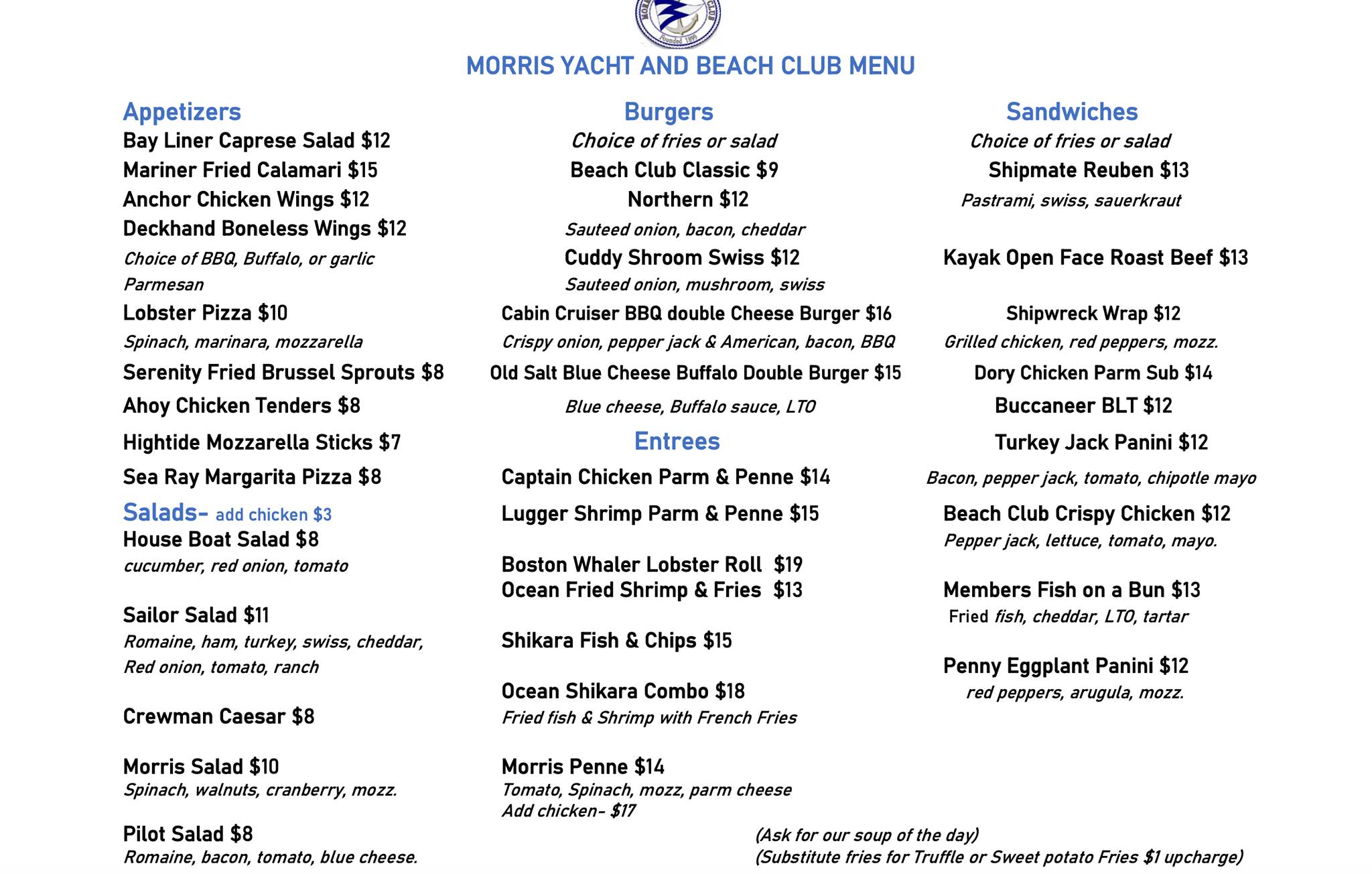 Morris Yacht & Beach Club menu