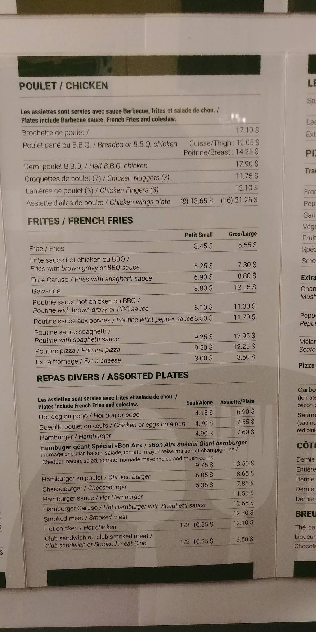 Menu de Motel Bon-air Pont-Rouge