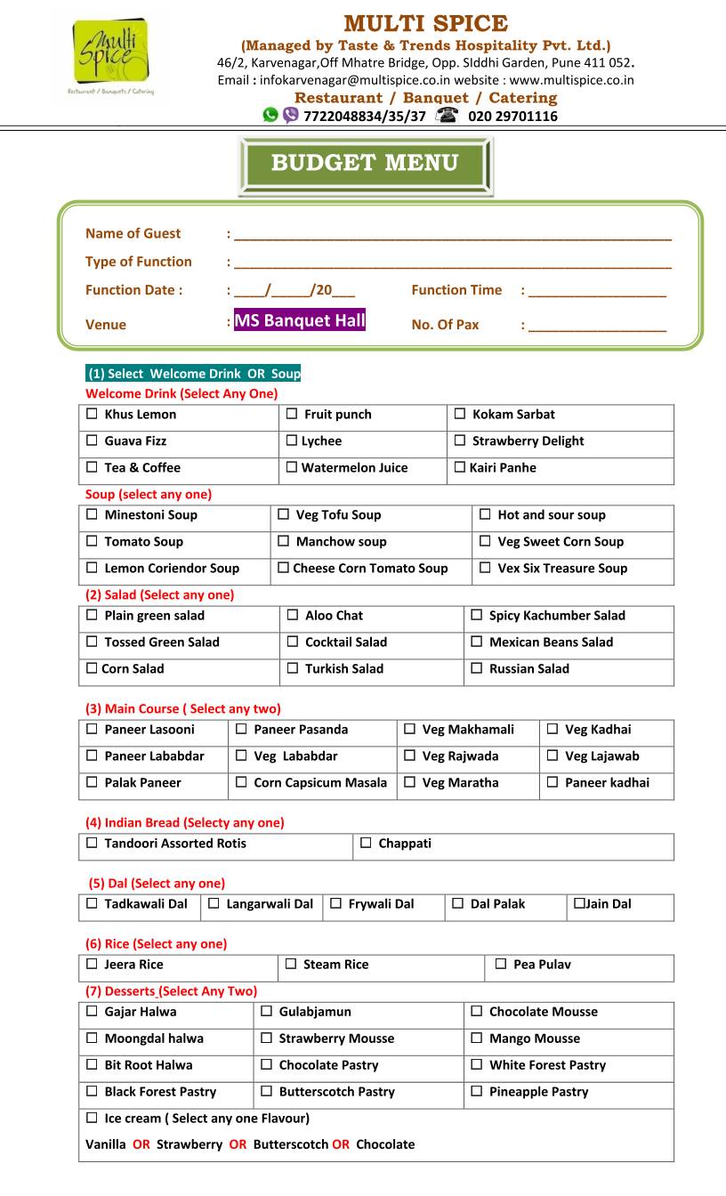 Multi Spice menu