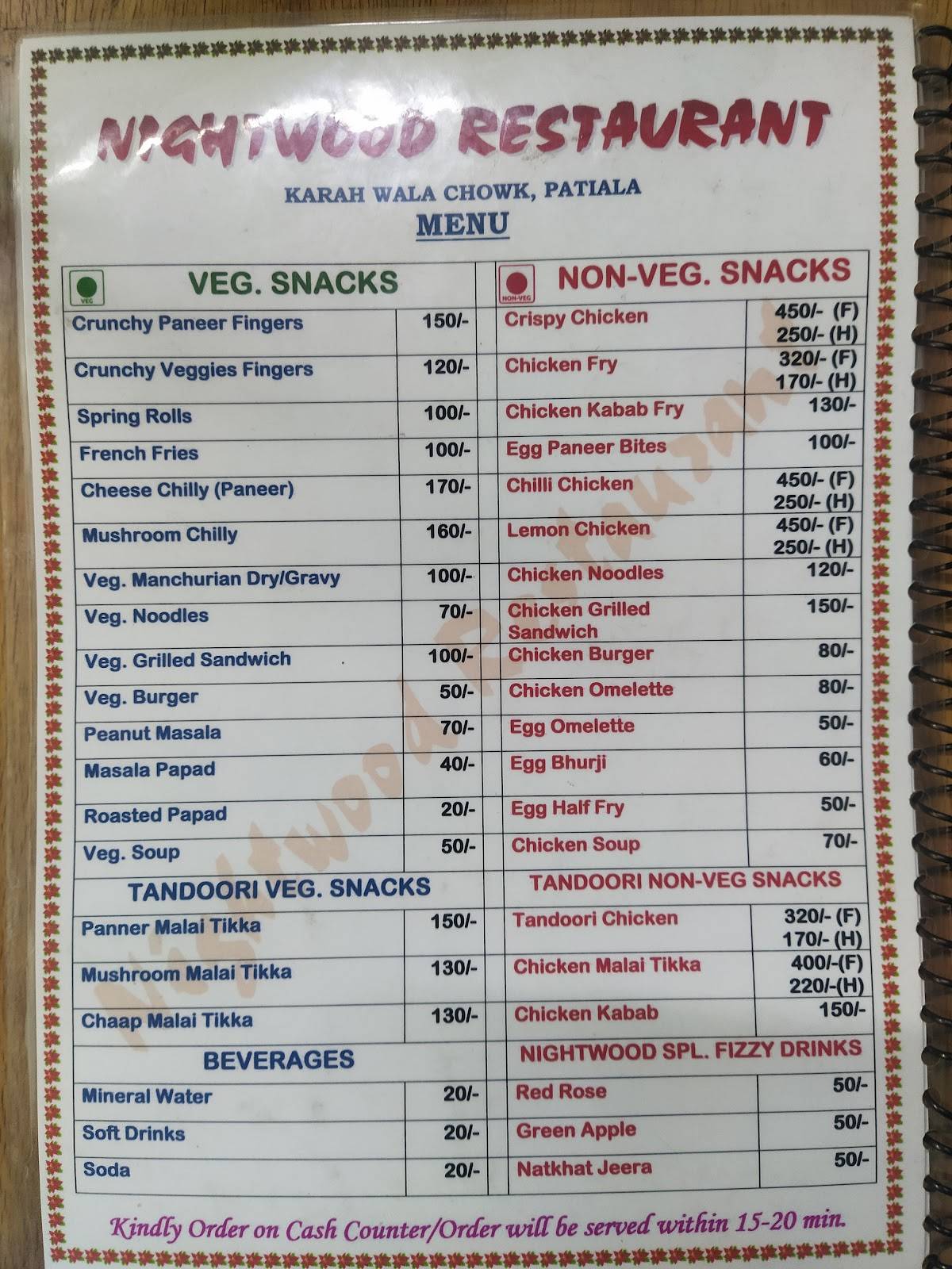 NIGHTWOOD RESTAURANT menu