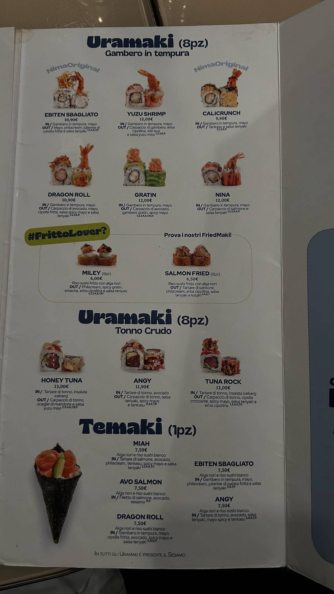 Menu di NIMA Sushi (Milano - Corso Sempione) 