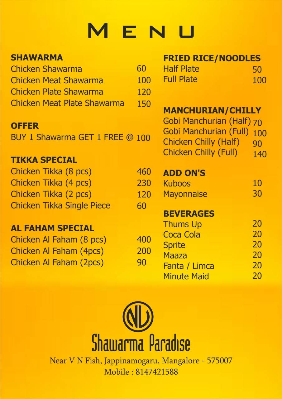 NV Shawarma Paradise menu
