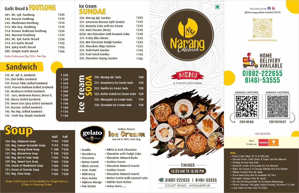 Narang Cafeteria menu