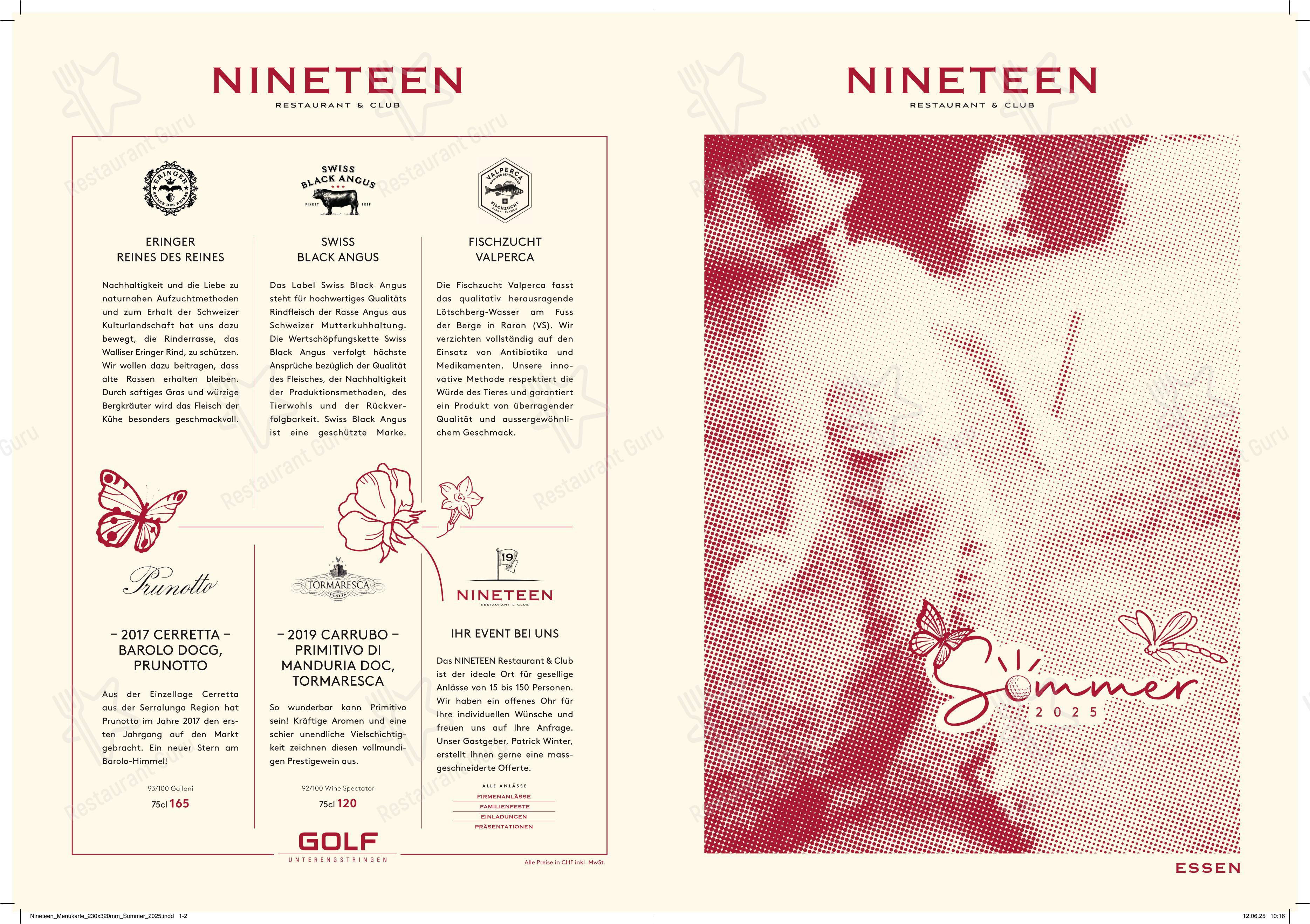 Menu bar per Nineteen Restaurant & Club ristorante