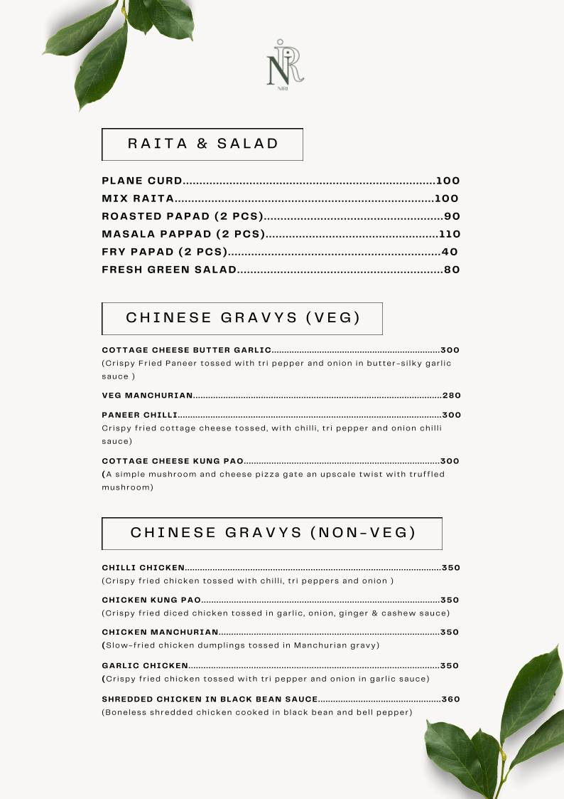 Niri's Park View Restaurant menu