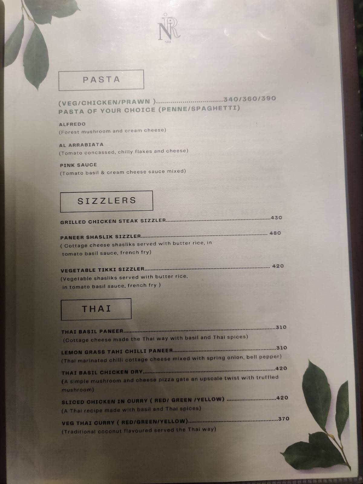 Niri's Park View Restaurant menu