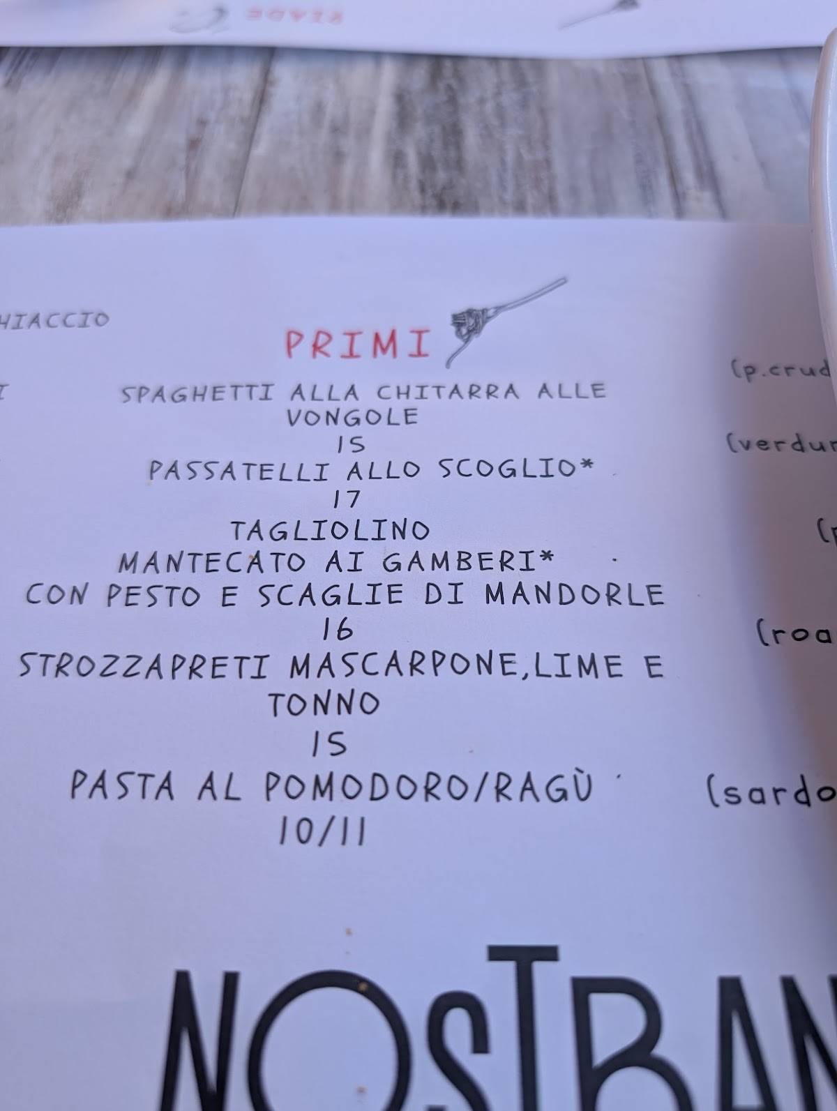 Menu de NoSTrano Beach
