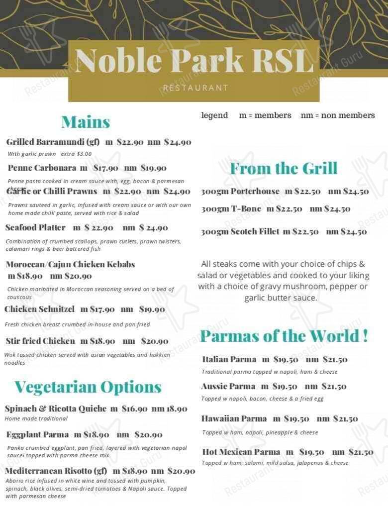 Menu at Noble Park RSL restaurant, Noble Park