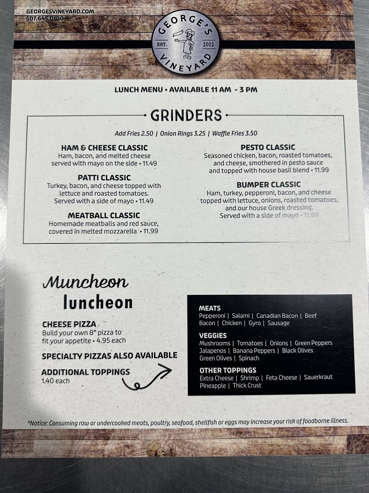 Menu at George's Vineyard pizzeria, Northfield