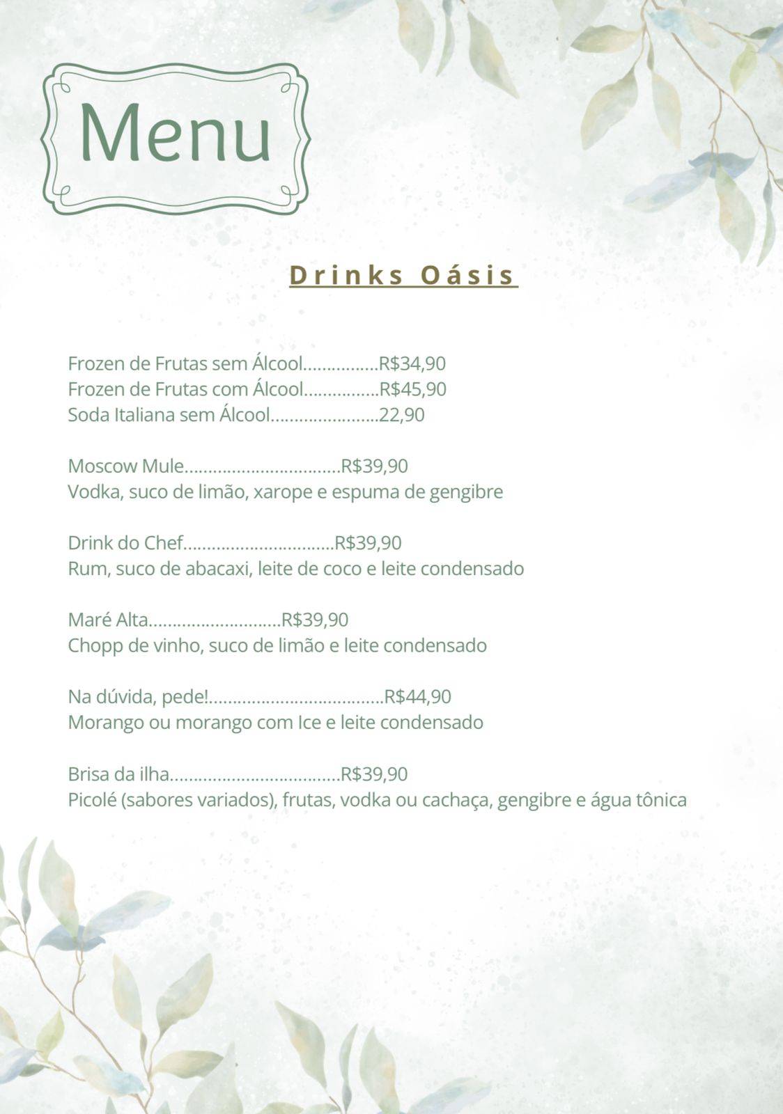 Oásis Gastrolounge cardápio