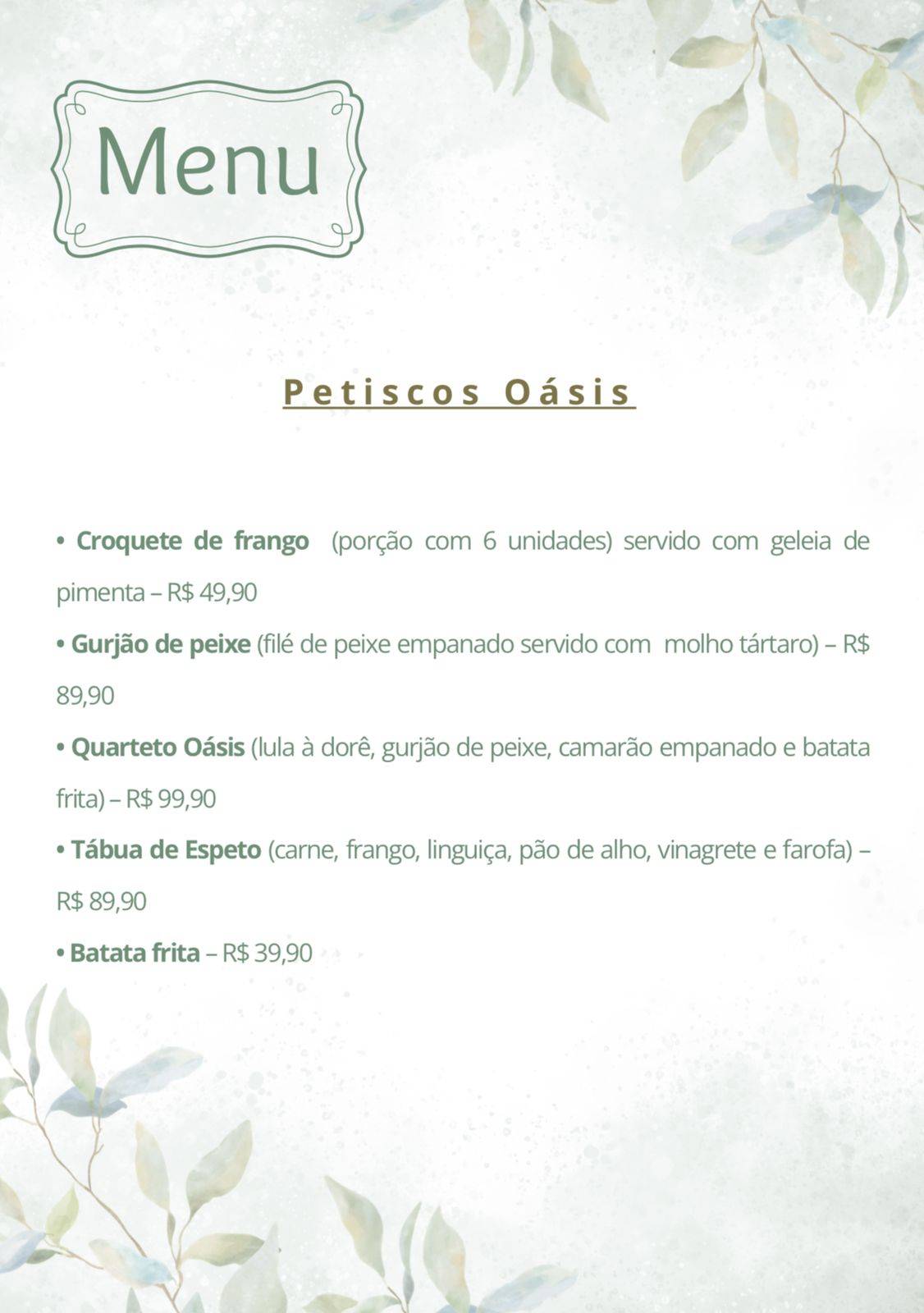 Oásis Gastrolounge cardápio