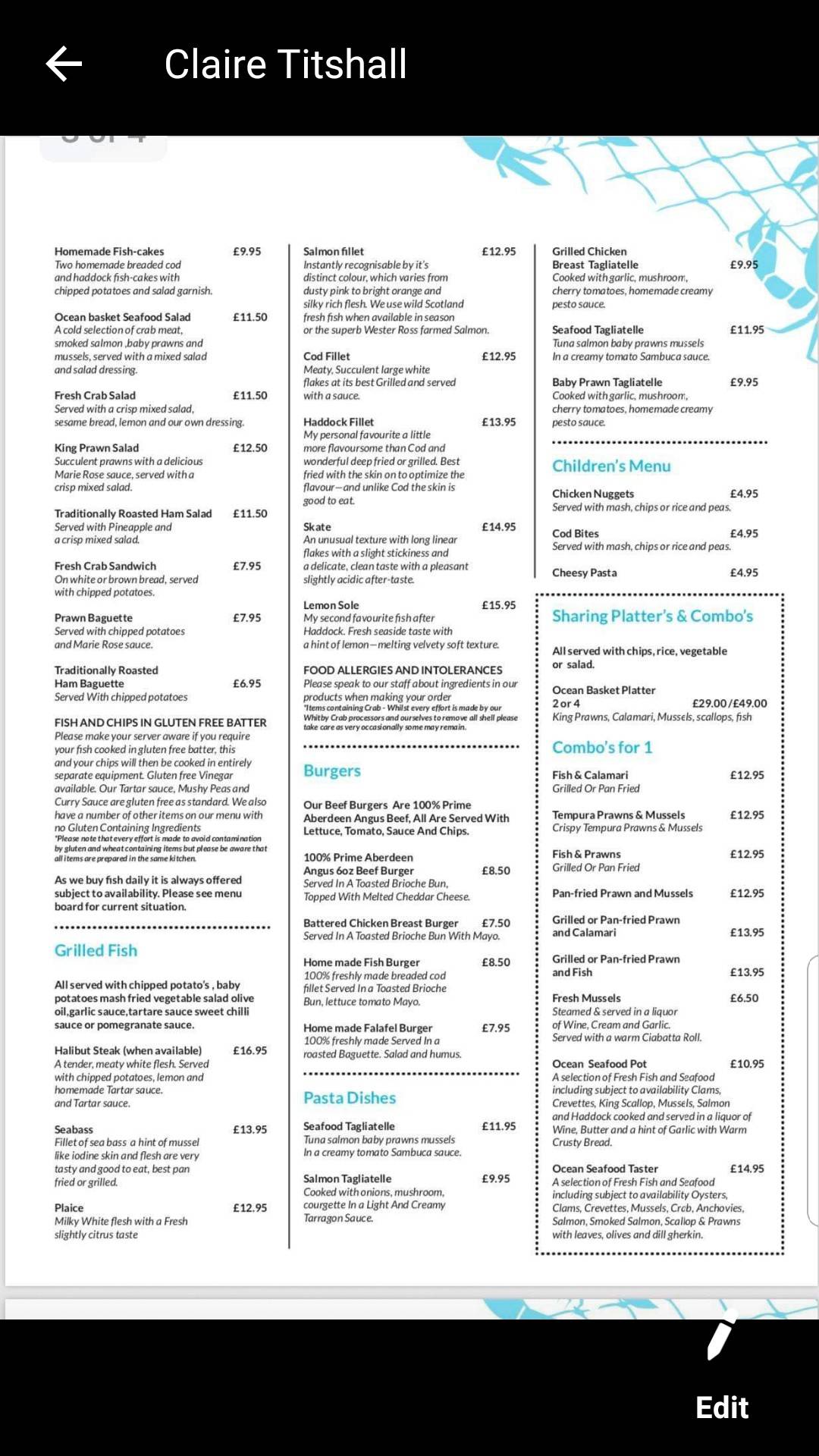Menu at Ocean Fish Platter restaurant, Ipswich