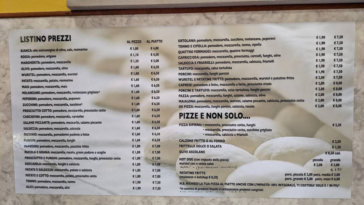 Menu de Ok Pizza dal 1998