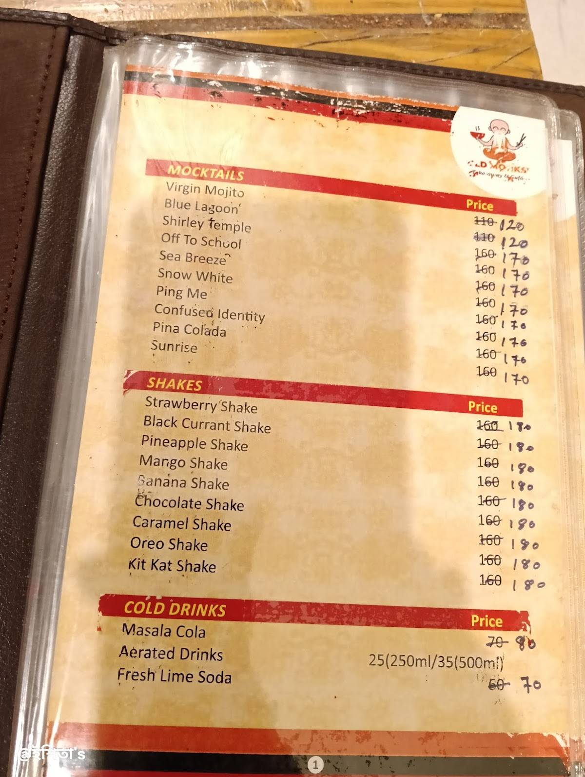 Old Monks' Cafe & Take-Away menu