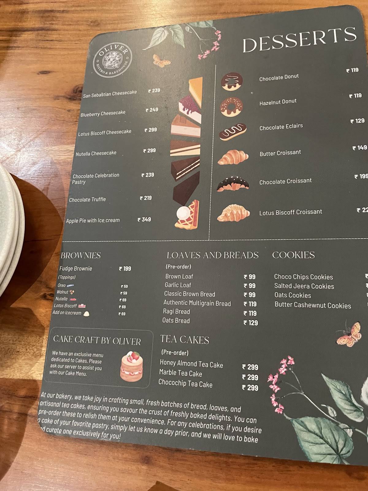 Oliver Bistro & Bakehouse menu